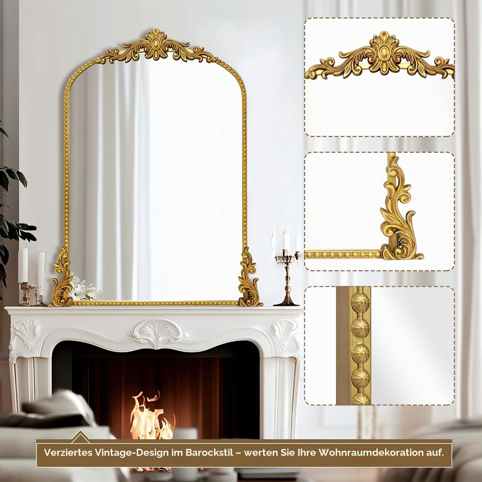 G-LEAF Wandspiegel Goldbogen 60x90cm, Barock Spiegel mit Antik-Finish, Vintage Wandspiegel mit Blumen-Relief & Perlenrand, Eleganter Bogenspiegel für Badezimmer, Wohnzimmer & Flur