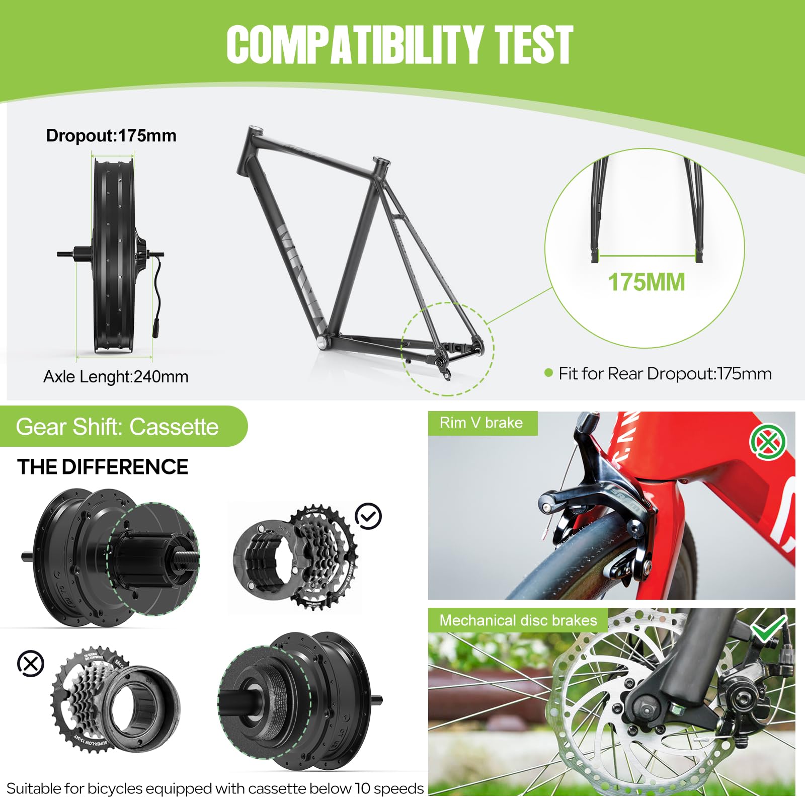 BAFANG G062 48V 1000W Hinterradmotor für 175 mm Tropfen, 20" 26" Fat Tire Elektro-Rad-Umsetzungs-Kit mit Akku (optional) und LCD-Anzeige (optional), Hinterrad hub Motor-Rad-Kit mit PAS-Sensor