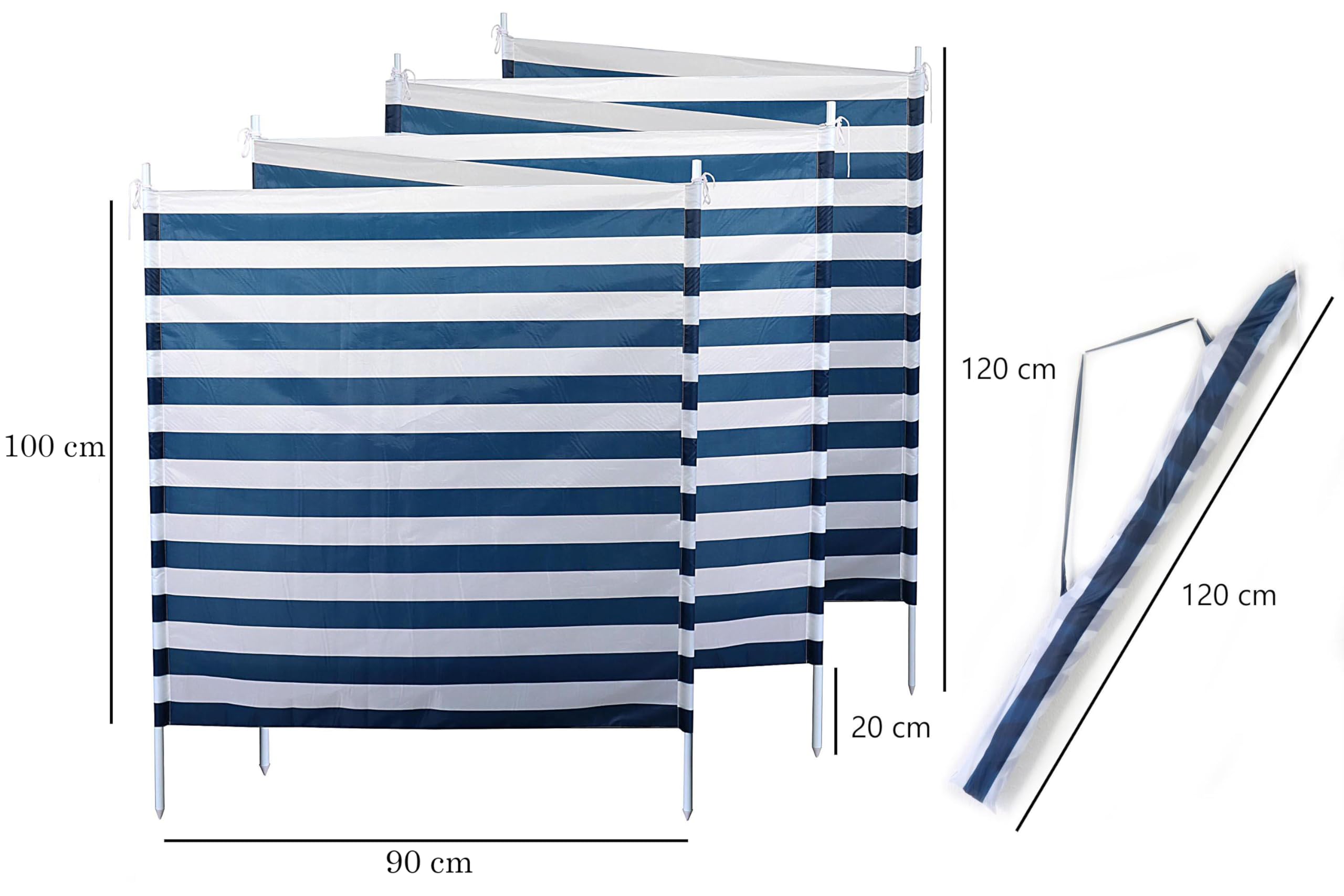 ELLUG Windschutz Sichtschutz Sonnenschutz blau weiß gestreift 6m*1,2m, 7 Stahlstangen für Strand Camping Garten Balkon