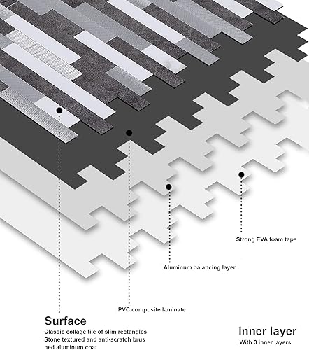 Miniatura 4 de YMMXGE Azulejos de 10 hojas para salpicaduras de despegar y pegar, metal de piedra de mármol, azulejos de mosaico de aluminio mezclado de PVC para