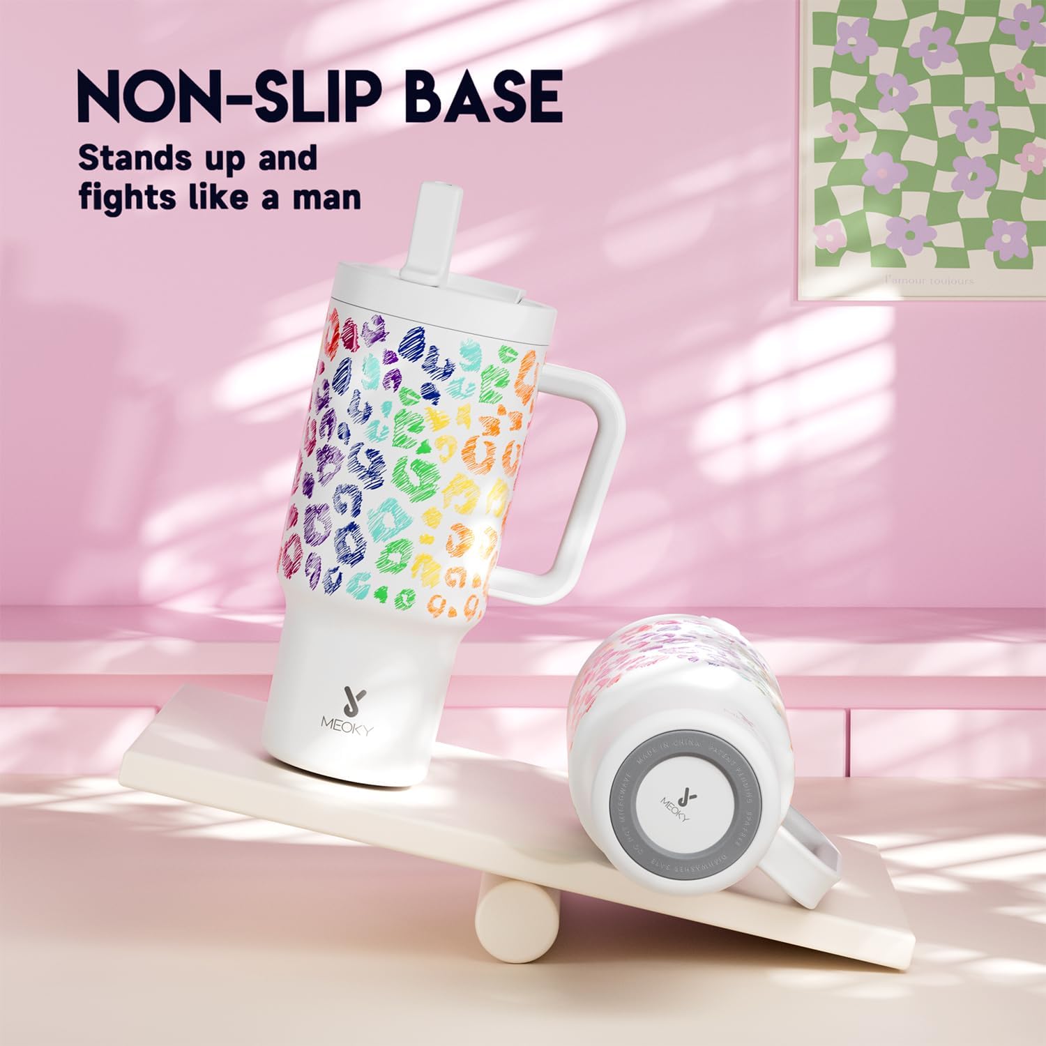 Meoky 32 oz Tumbler with Handle and Flip Straw, 100% Leakproof Tumbler with Lid and Straw, Stainless Steel Insulated Cup, Cupholder Friendly, Keeps Cold for 24 Hours (Kiss) - Image 7