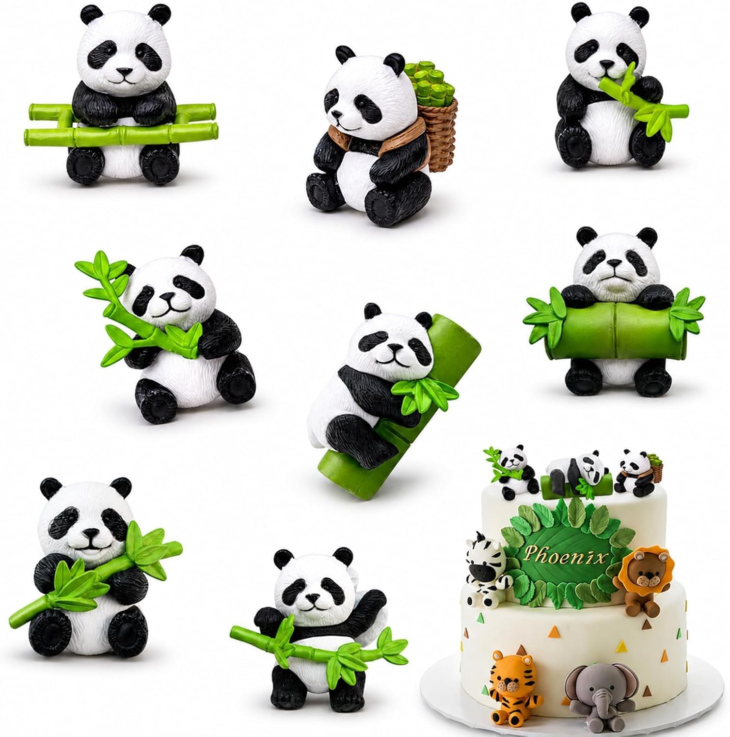 8 Pcs Mini Panda Figurines, Cute Resin Panda Statue, Pandas Cake Toppers, DIY Miniature Landscape Fairy Garden Patio Lawn, Little Bears with Bamboo, Birthday Party Cake Decorations