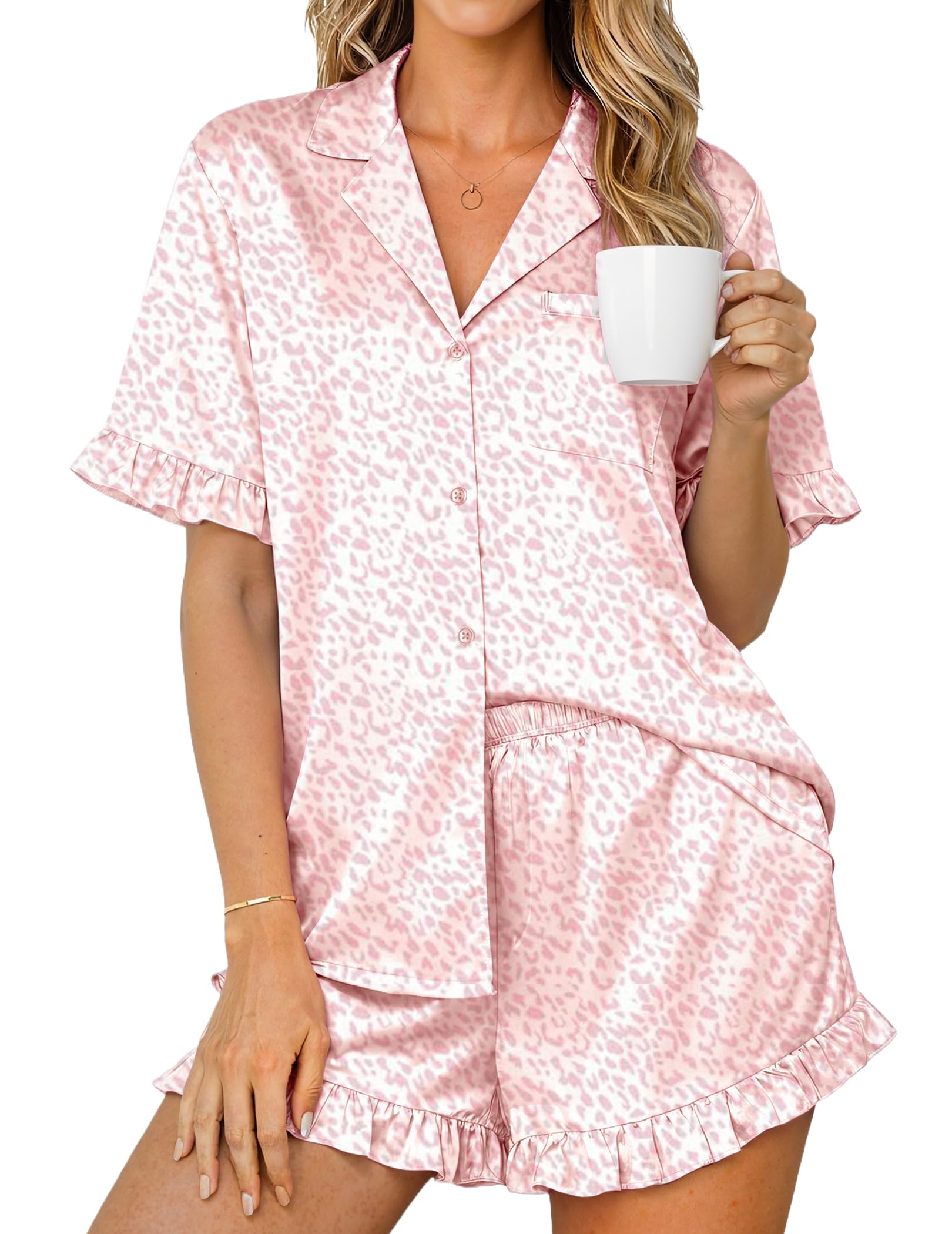 Ekouaer Womens Satin Pajamas Set Button Up Silk Pjs Short Sleeve Shorts Set