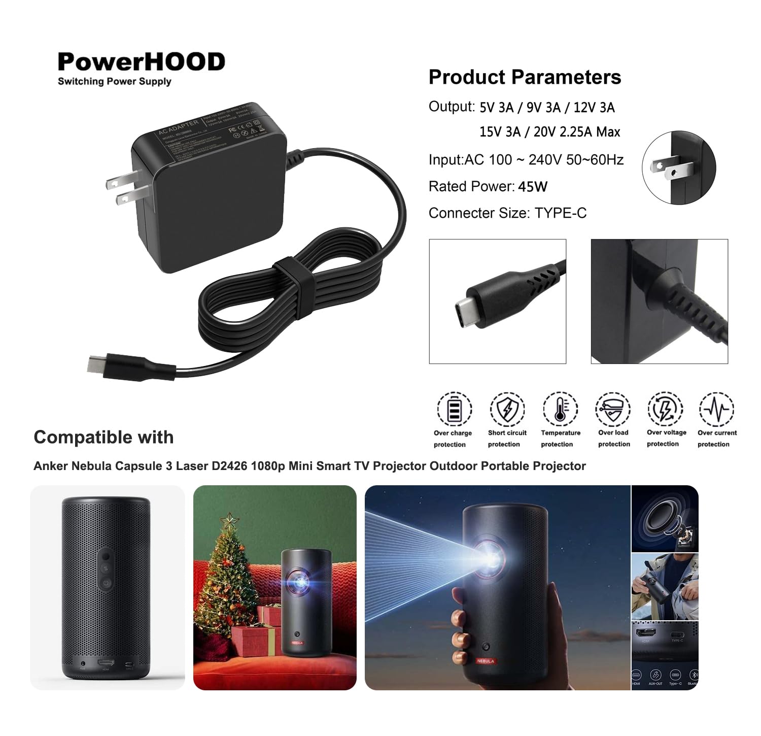 Nebula CapsuleII 本体・充電器 Amazon.com: PowerHOOD 45W USB-C AC/DC Adapter Compatible with