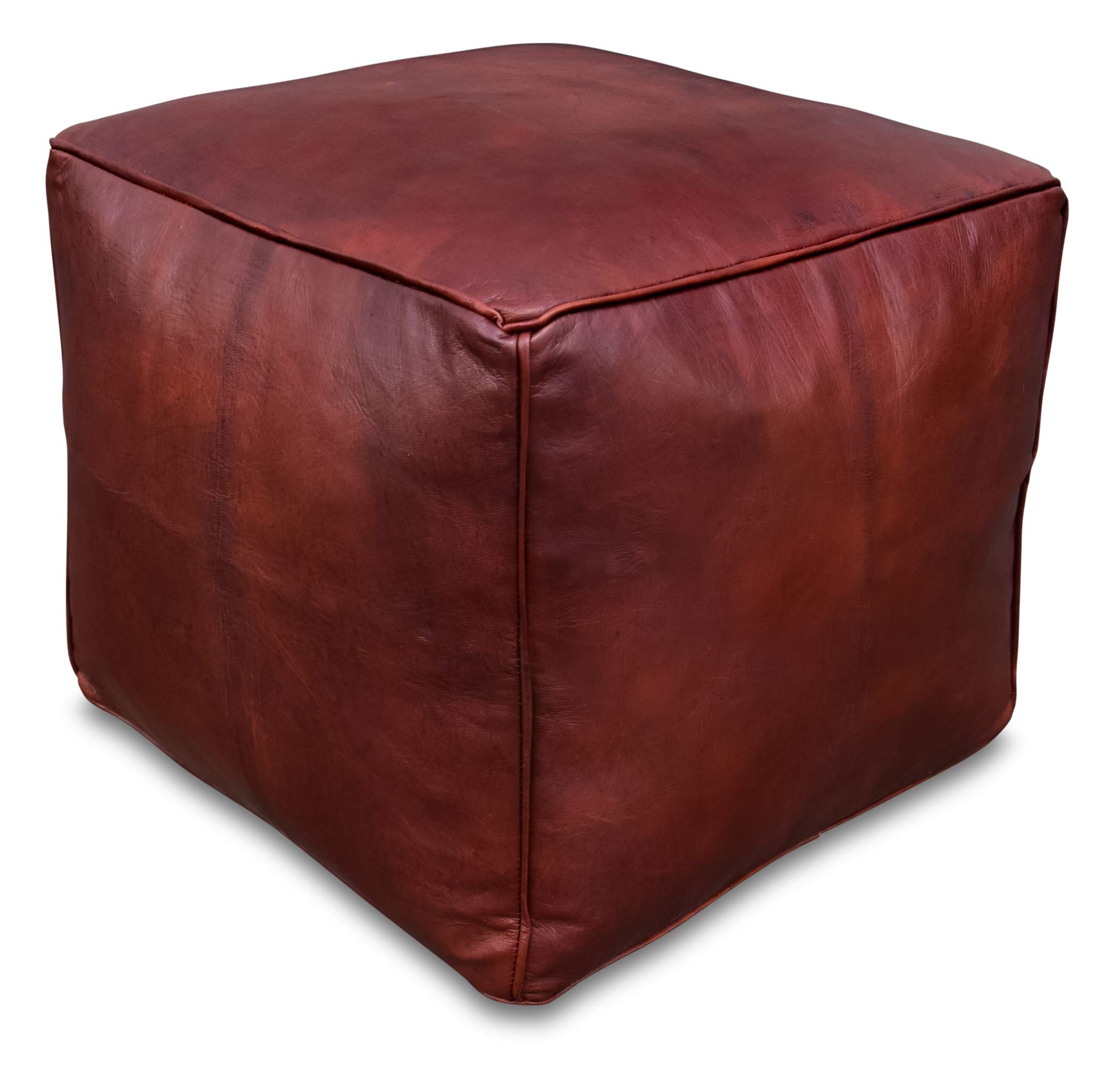 See the Good Square Leather Pouffe - Handmade - Delivered stuffed - Ottoman footstool, floor cushion (Chestnut Brown)