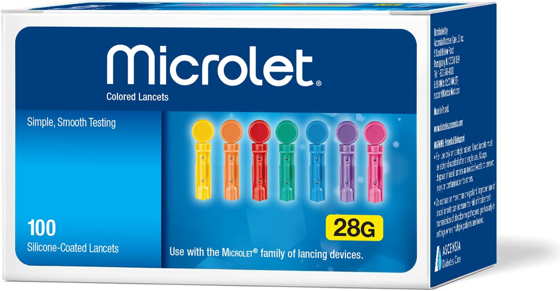 MICROLET Lancets for Glucose Blood Testing (100 Count) 28-Gauge Silicone-Coated, Multi-Colored, Sterile, Single Use Lancets for Diabetes Blood Glucose Testing