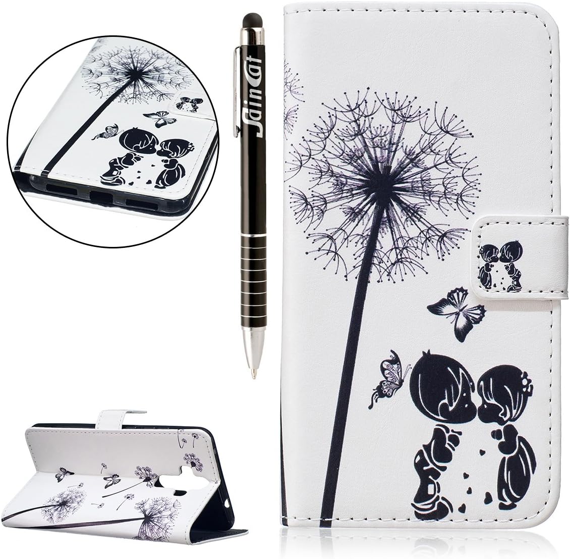 Huawei Mate 9, Huawei Mate 9 Book-Style Leather Mobile Phone Case Wallet Saincat Scratch Bumper Mobile Phone Case Back Cover Retro Butterfly Flower Pattern PU Leather Case Wallet Case Folio Flip Cover Book Style Folding Bag in Leather Look with Stand Function and Card Slot and Magnetic Closure Case Flip Case for Huawei Mate 9