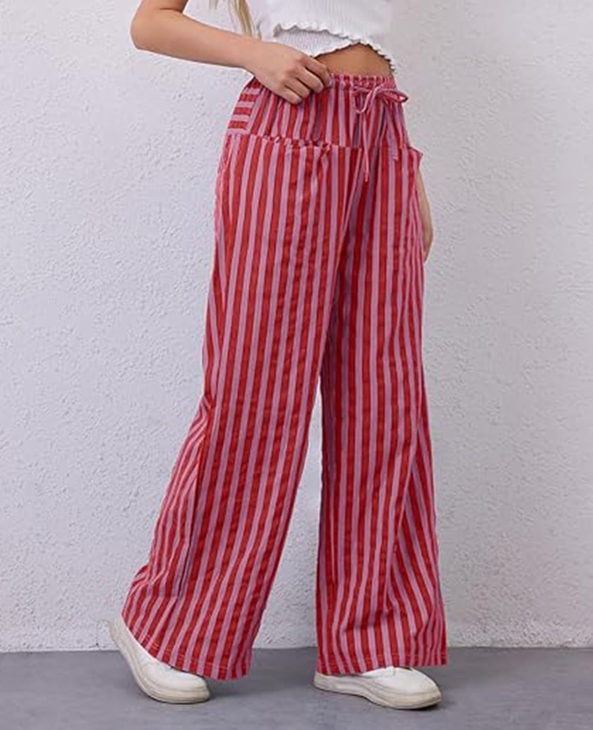 WOWULOVELY Women Casual Striped Drawstring Pants Wide Leg Pants with Pockets Elastic Trousers Loose Lounge Pajama(Red-XL) - Image 5