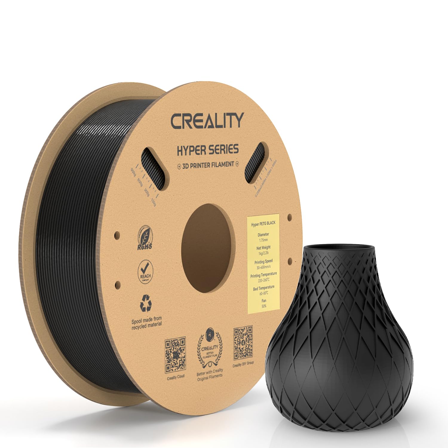 Creality Official Hyper PETG Filament 1.75mm, High Speed PETG 30-600mm/s 3D Printer Filament PETG, Dimensional Accuracy ± 0.03 mm, Fit Most 3D Printers, 1KG(2.2lbs) Spool Black