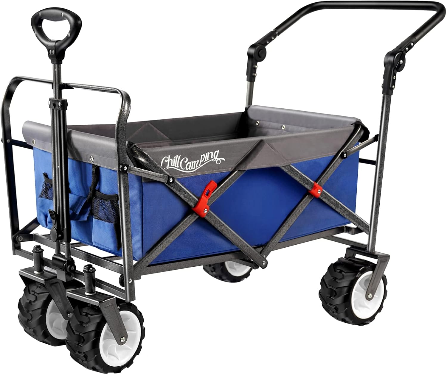 Push Pull Beach Wagon with Big Wheels, All Terrain Heavy Duty Grocery Cart Utility Collapsible Wagon for Outdoor Garden Picnic Beach Sports Camping, Blue