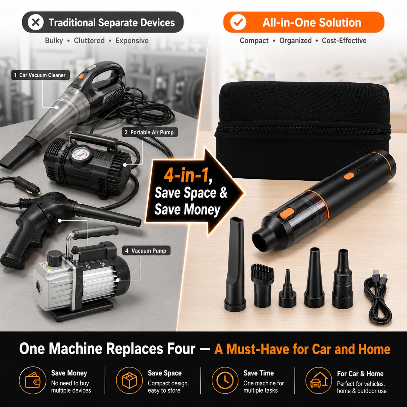 Nikou Aspirabriciole Senza Fili, Mini Aspirapolvere Portatile Auto 19000PA | 4 in 1 Ricaricabile Aspirapolvere Potente, Aspiratore e Soffiatore, 3 Velocità, per Casa Auto Peli di Domestici Scrivania PC