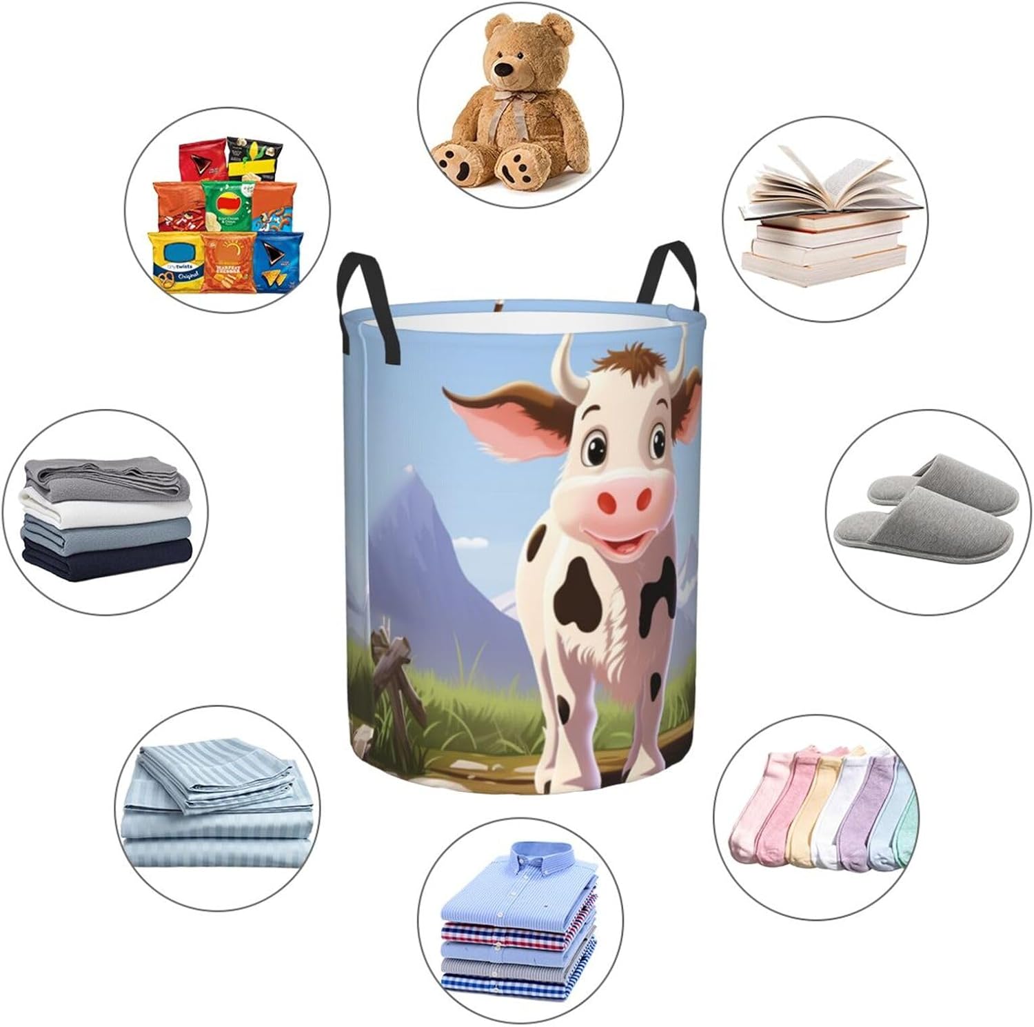 Cow milk Laundry Basket With Handles, Foldable Laundry Hamper Oxford Cloth Dirty Clothes Basket Waterproof Clothes Toys Storage Bin Organizer for Bedroom Bathroom Dorm