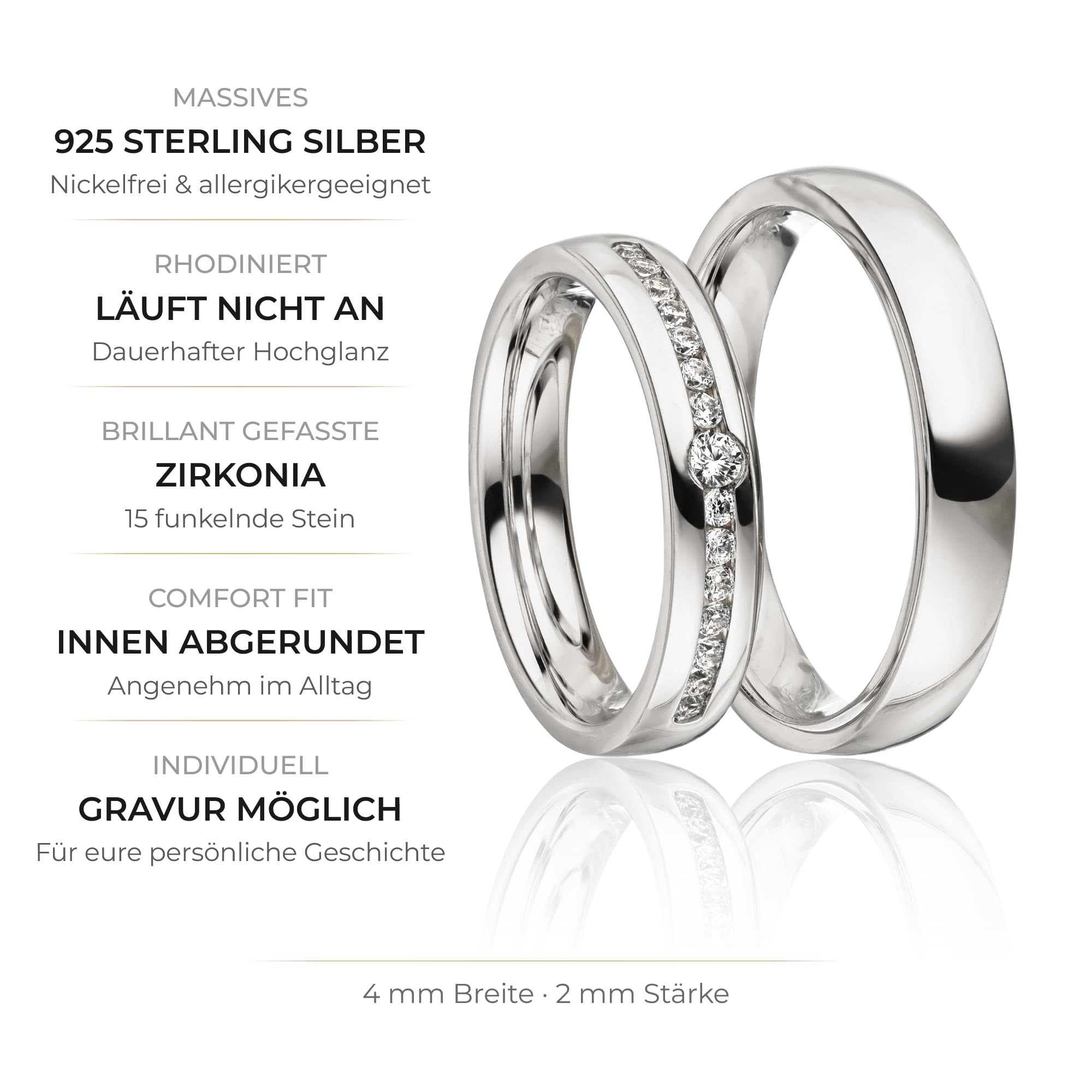 Kolibri Rings 925 Sterling Silber Massiv, Rhodiniert | Freundschaftsringe Paarpreis mit 15 Zirkonia Steine in Kanalfassung | Trauringe Eheringe Partnerringe | Made in Germany | Gratis & Gravur