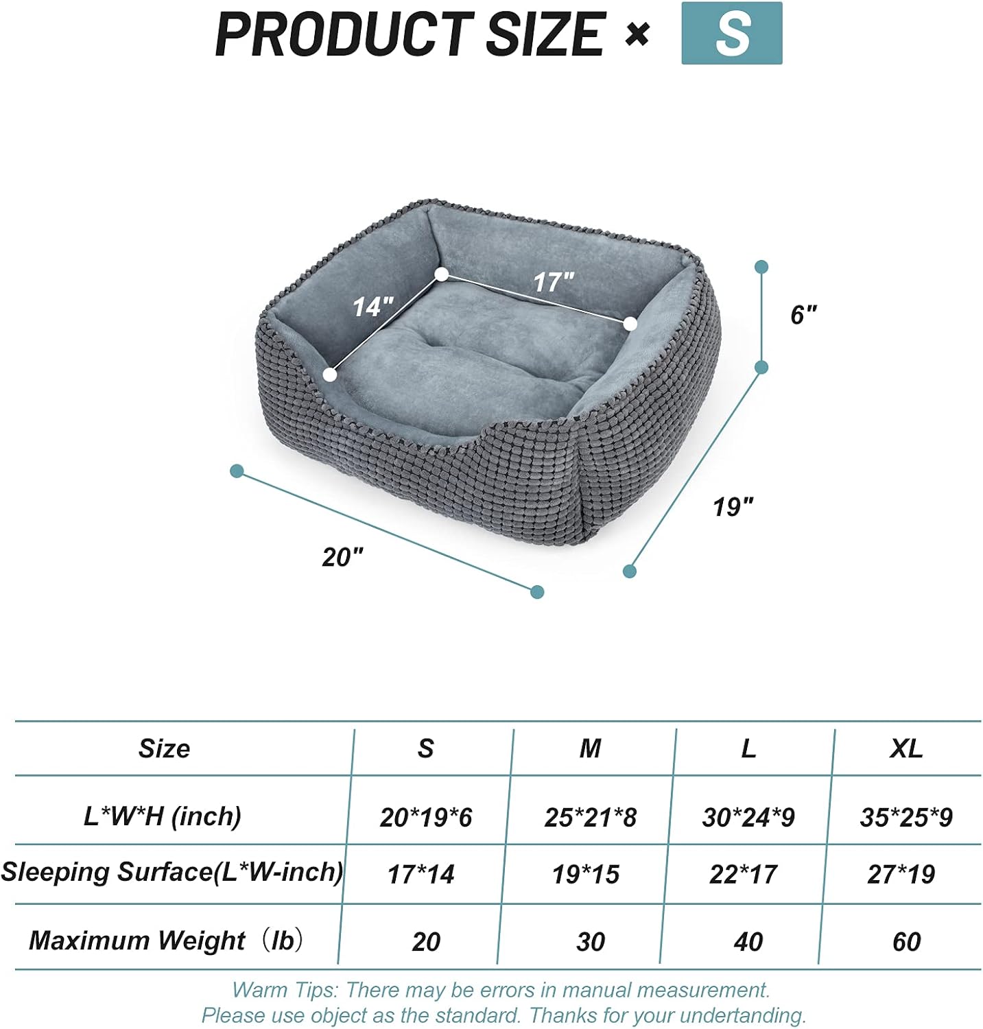 MIXJOY Dog Bed for Large Medium Small Dogs, Rectangle Washable Sleeping Puppy Bed, Orthopedic Pet Sofa Bed, Soft Calming Cat Beds for Indoor Cats, Anti-Slip Bottom with Multiple Size (20'', Grey) : Pet Supplies