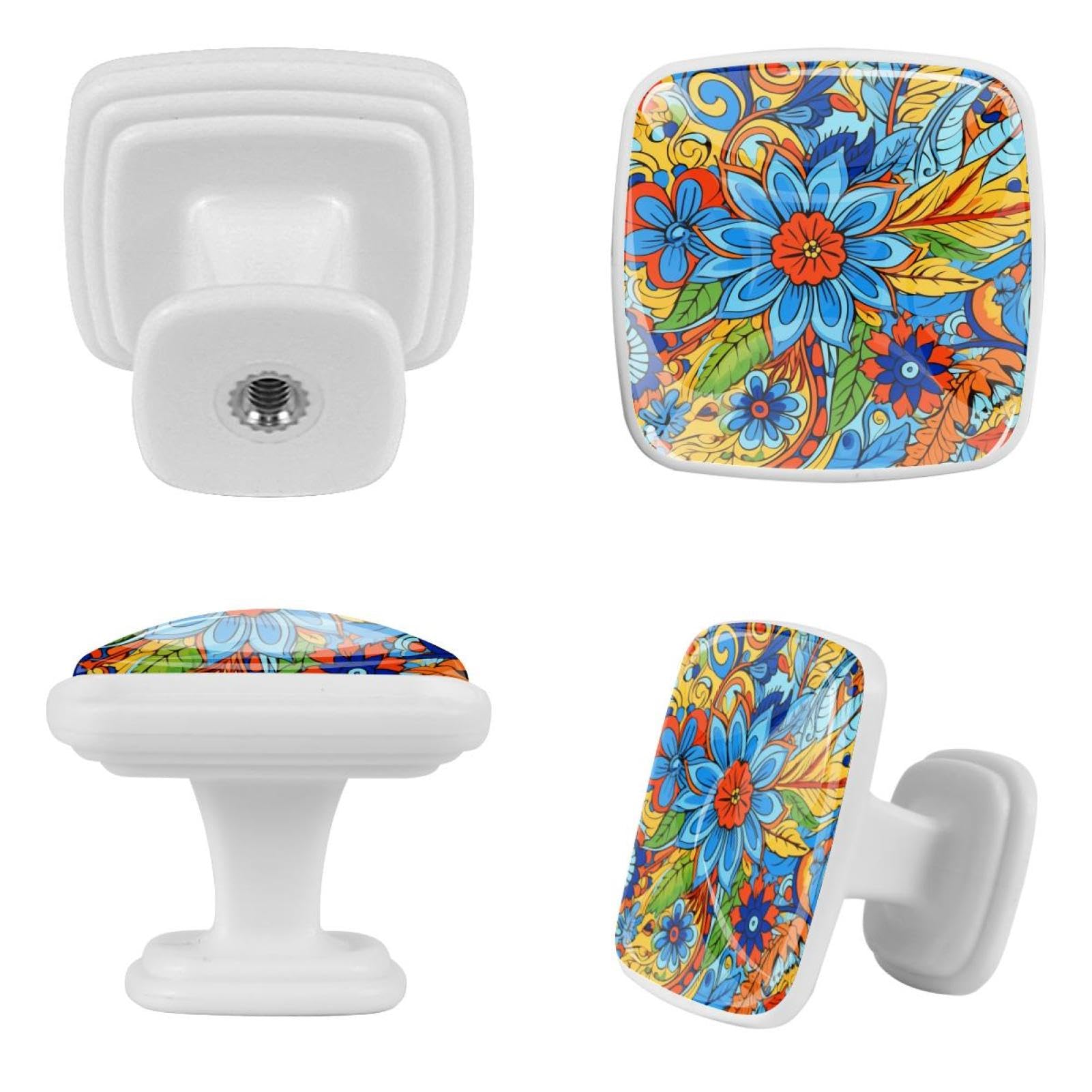 Pomos cuadrados para gabinete de cocina, pomos para cajones de tocador, 12 piezas, estilo étnico de flores abstractas, pomos de puerta de armario