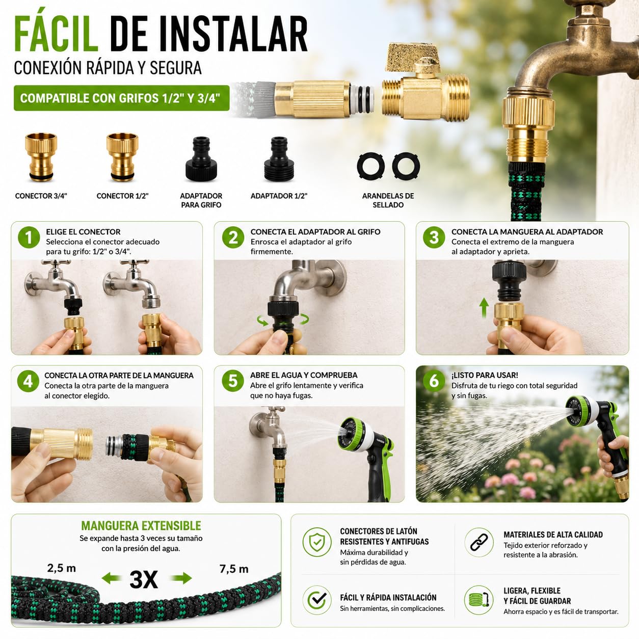 Manguera Extensible Jardín 7,5 m con Pistola de Riego Premium de 7 Modos, Conectores de Latón 1/2 y 3/4, Resistente y duradeea. Manguera agua flexible Reforzada Antifugas Alta Presión.