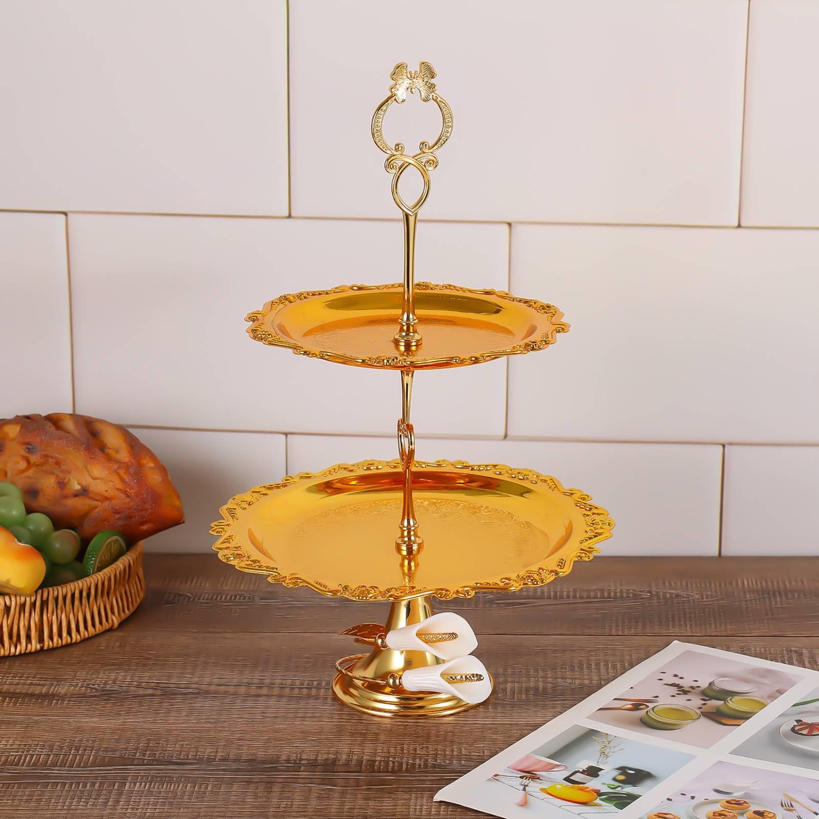 predolo Alzata a Due Piani Decorativa Alzata con Manico Versatile Supporto per Buffet, Matrimonio , Argento