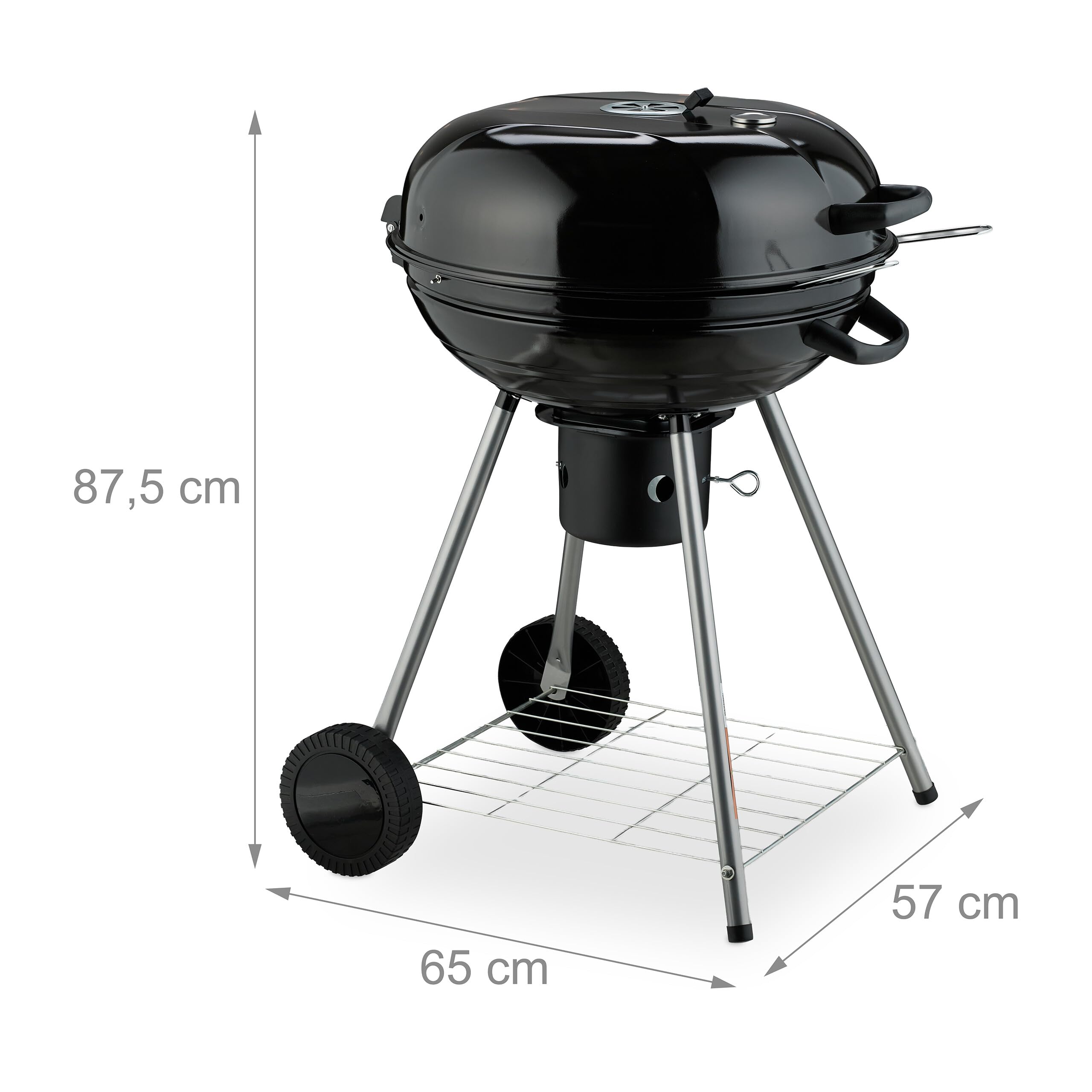 Relaxdays Barbacoa Carbón, 53cm Ø, 2 Rejillas Parrilla, Termómetro, Recogedor Cenizas, Parrillera con Ruedas, BBQ, Negro