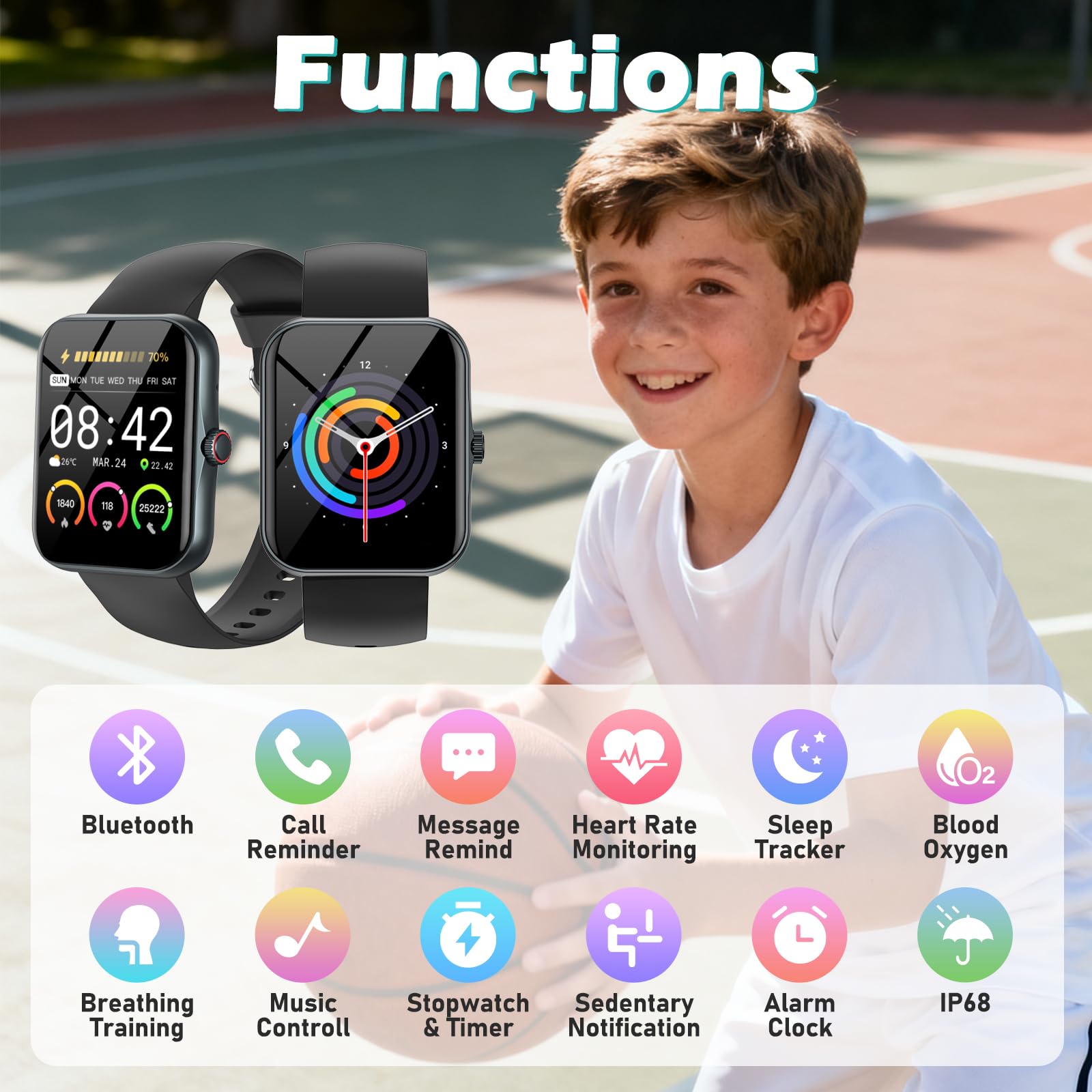 Smartwatch Bambini Fitness Tracker, 1.83" HD Orologio per Bambino Bambina con Frequenza Cardiaca Monitor del Sonno Resistente all'Acqua IP68, Smart Watch per Ragazza Ragazzo Ado 5-16 Anni Regalo Negro