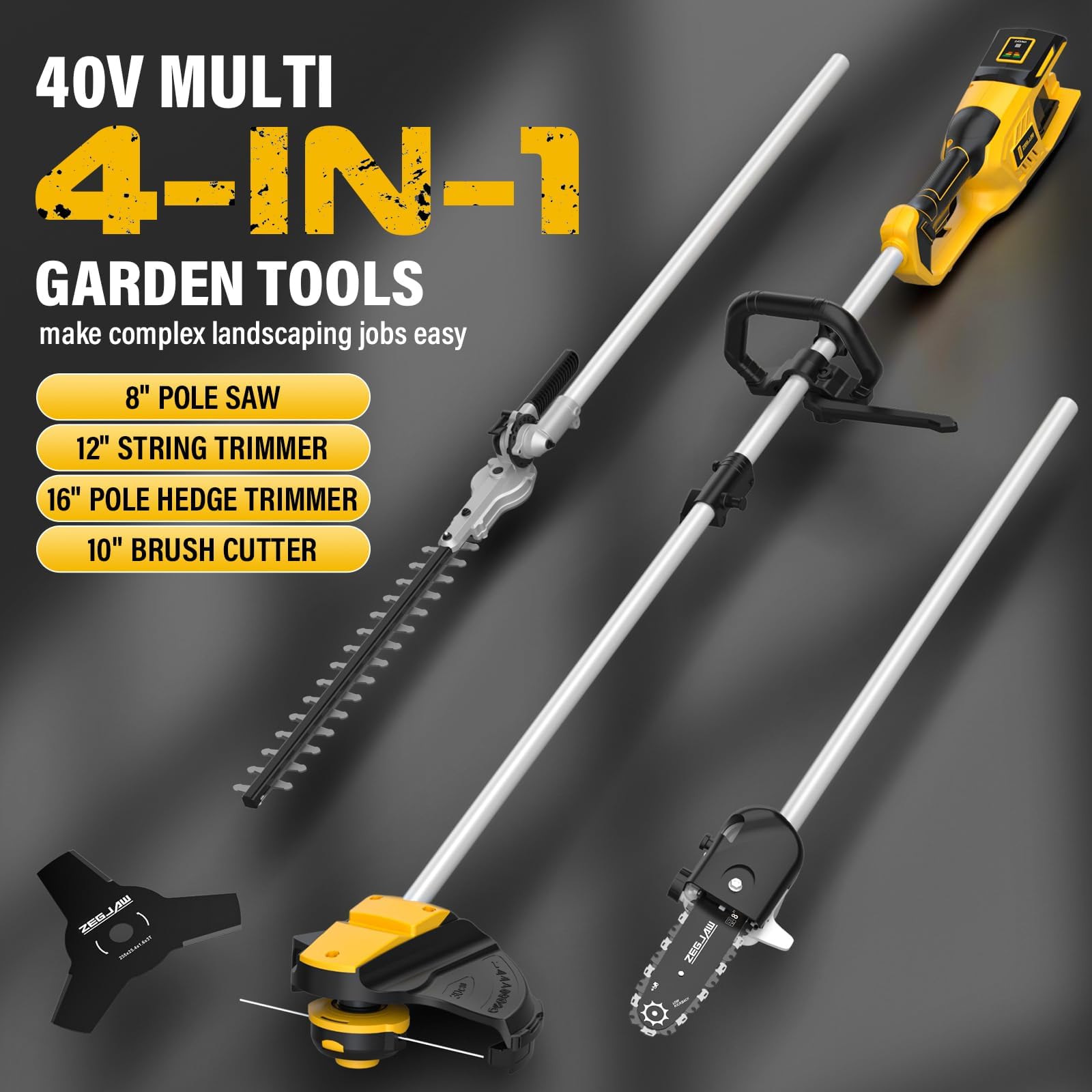 ZEGJAW Wacker de malas hierbas inalámbrico de 40 V, sierra de poste eléctrica de 8 pulgadas, cortasetos y cortador de cepillo, herramientas de jardín múltiples 4 en 1 con 2 baterías de 20 V 4 Ah y 1