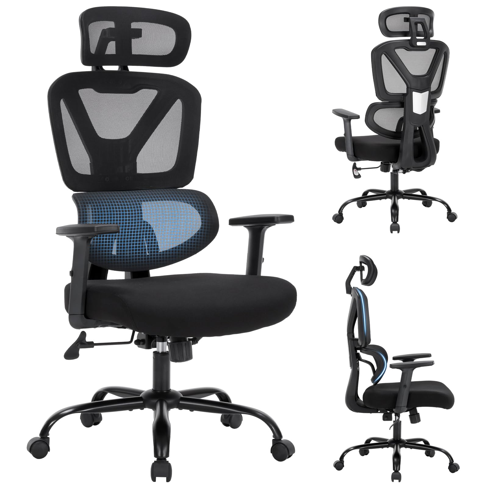 Ergonomic Office Chair,Computer Desk Chair with Adjustable Lumbar Support & 3D Headrest,5D Armrests,90-135° Recline,Breathable Mesh High Back,BIFMA