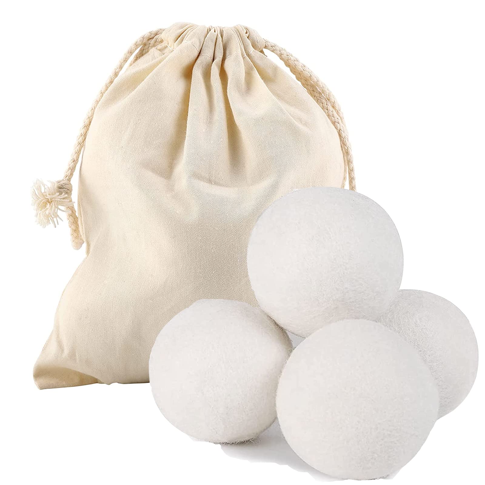 BOMEKS Wool Dryer Balls, 4pcs Wool Tumble Drying Ball With Cotton Bag, Laundry Reusable Natural Fabric Softener Reduces Clothing Wrinkles and Saves Drying Time for Washing Machine, White, 6cm