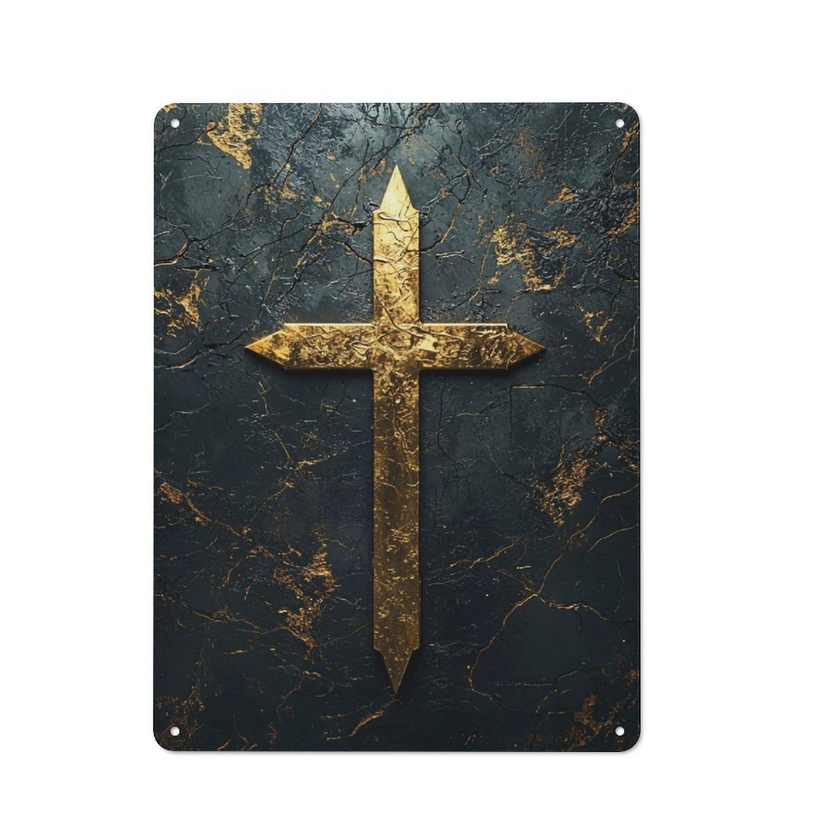 Junmoney Golden Cross On Black Marble Retro Tin Wall Plaque 40X30cm For Home Office Or Studio, Wall Decoration For Home Offices And Studios