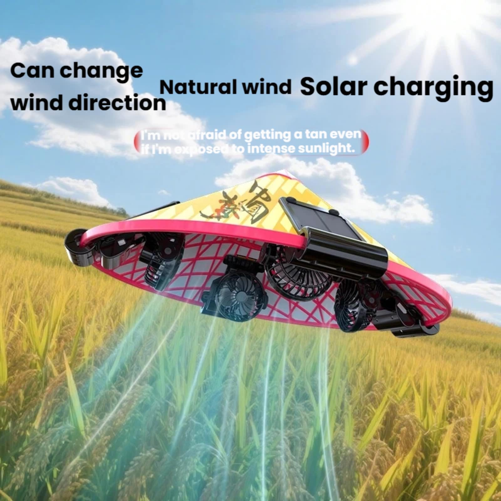 Solarbetriebener Strohhut, 360° verstellbare Windrichtung, kühlender Hut mit 3 Geschwindigkeitsstufen, Solar- und USB-Aufladung, UPF 50+, wasserdicht, breite Krempe, Sonnenhut für Männer und Frauen