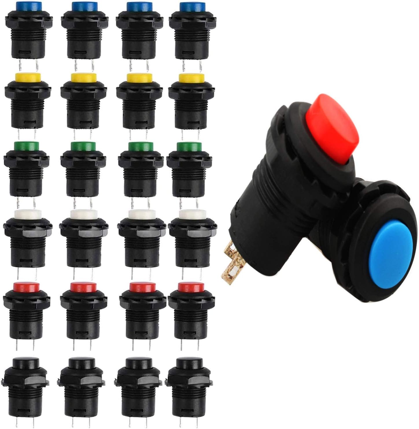 RUNCCI-YUN 24pcs interruptor pulsador 12mm,Interruptor de botón de Bloqueo,redondos,(3A 125V AC/1.5A 250V AC)