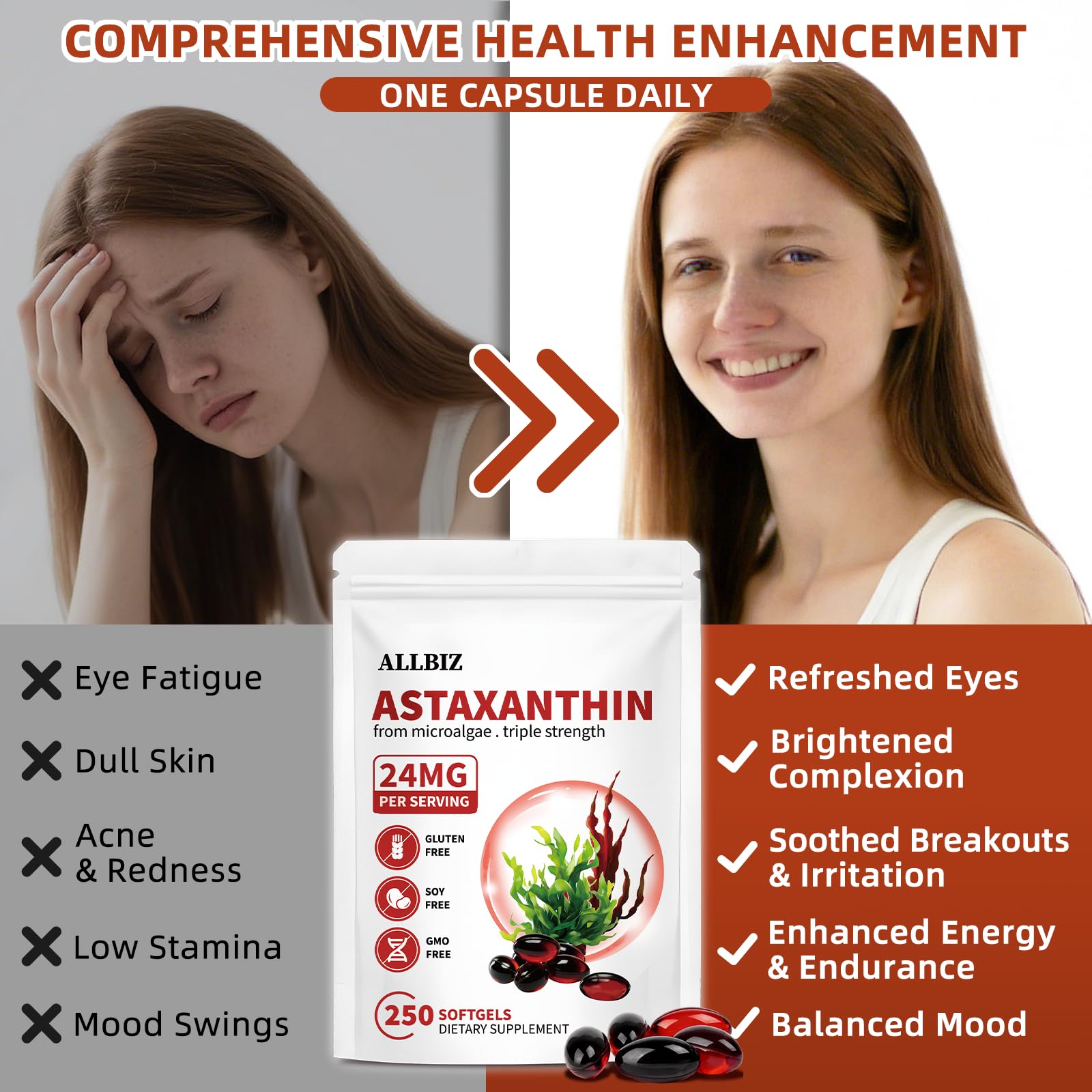ALLBIZ Astaxanthin 24mg | 250 Softgels | 250-Day Supply | Premium Antioxidant Supplement Supports Eye, Skin, Brain & Liver Health | Natural Microalgae Source, Non-GMO, Gluten Free — Amazon image 3