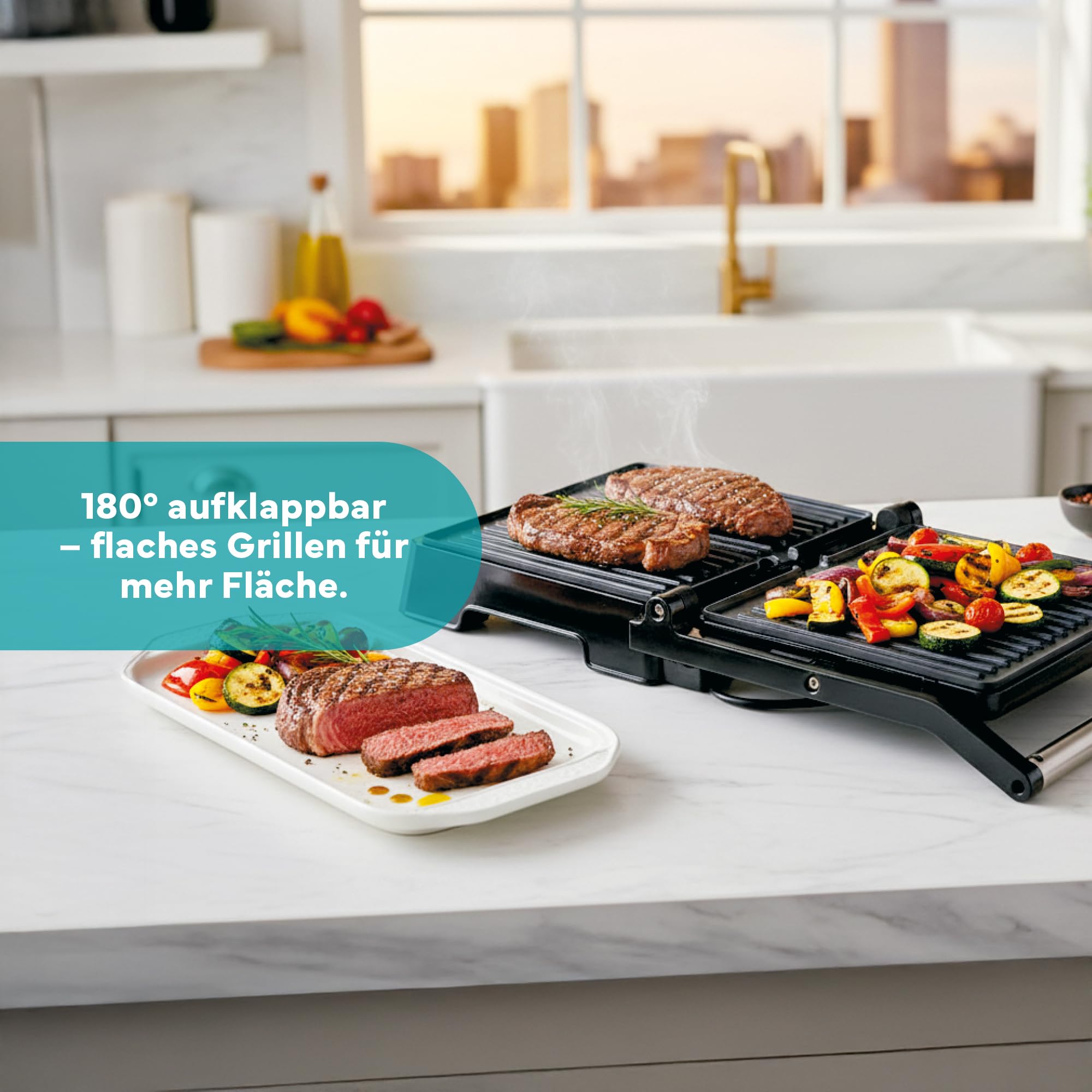 ARIVA Elektro Kontaktgrill 2000W mit Keramikbeschichtung – 2-in-1 Tischgrill 180° aufklappbar, Panini Maker mit Timer & Temperaturregler, Fettauffangschale, Antihaftbeschichtet, Silber
