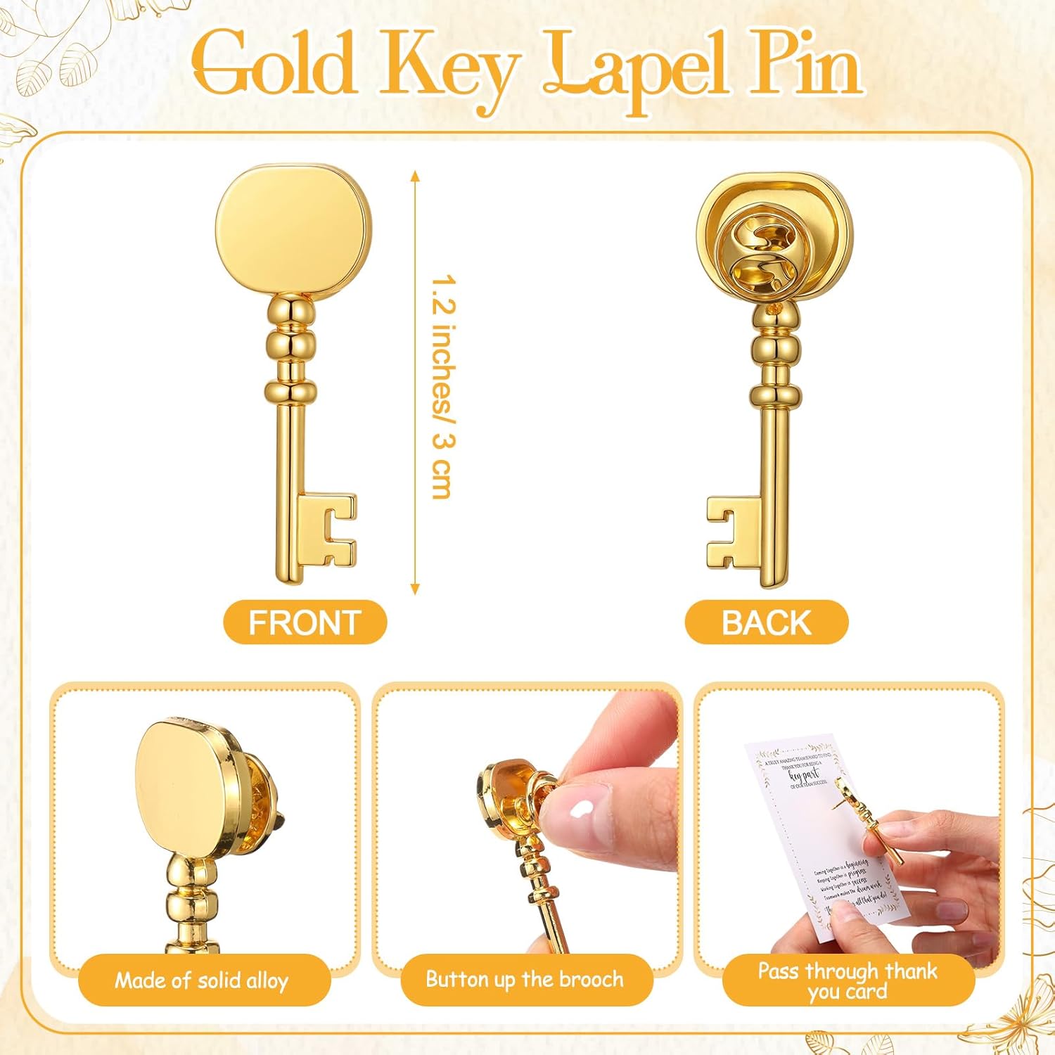 Ecally Employee Appreciation Gifts Bulk Gold Key Shaped Lapel Pin with Thank You Cards Self-Adhesive Bags Team Inspirational Gifts for Employee Staff Coworker Teachers Volunteers