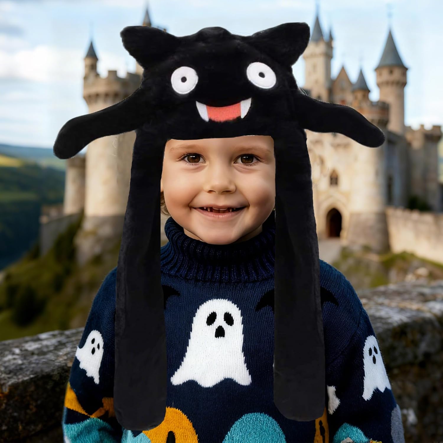 2 Pack Bat and Ghost Hat for Christmas Halloween Party Ear Moving Jumping Hat Funny Plush Cosplay Costume Accessories Unisex - Image 6