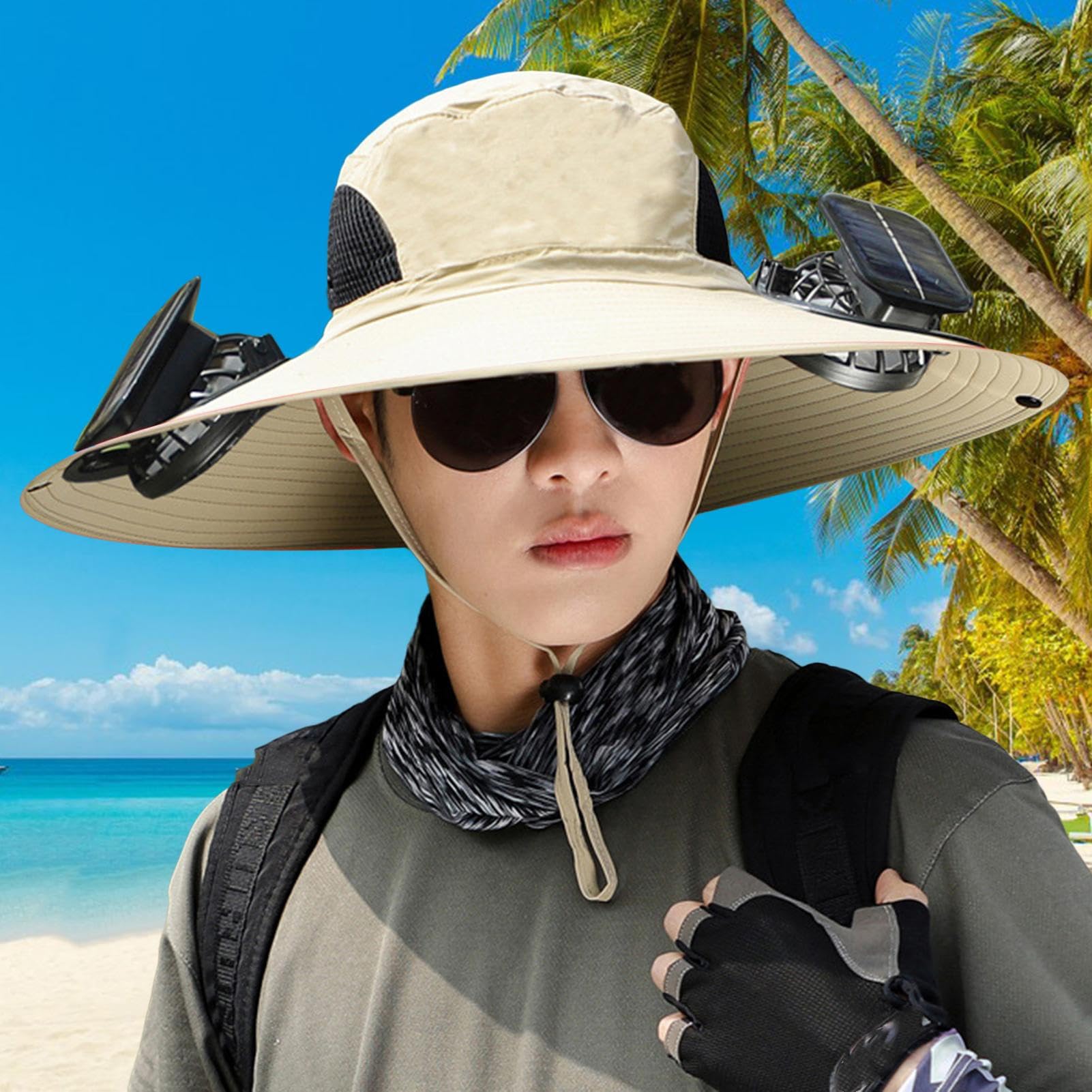 Cappello da Pesca All'aperto A Ventole Solare A Bordo Largo,Cappello da | Ventola Solare UPF 50+ con 2 Piccoli Ventilatori Rimovibili,Cappello Ventilatori Regolabili A 3 velocità,Addebito Solare E US