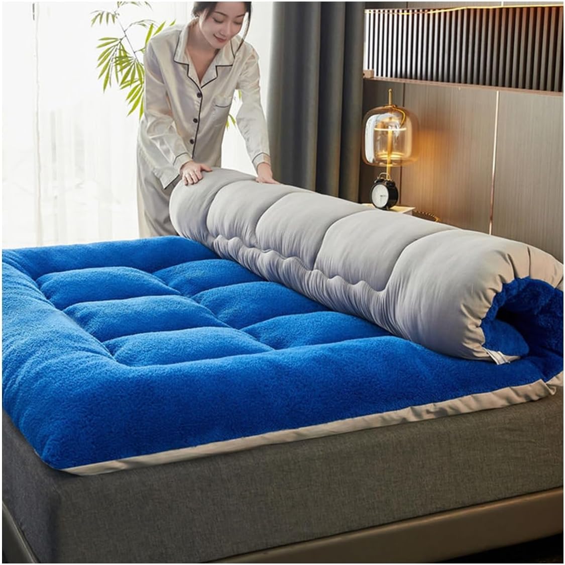 OBONG Lamb Wool Bedding Mattress Topper King Soft Fluffy Pillow Top Mattress Pad Breathable Extra Thick Folding Sleeping Pads Futon Mattresses (Color : Orange, Size : Cal King-200 * 220cm)