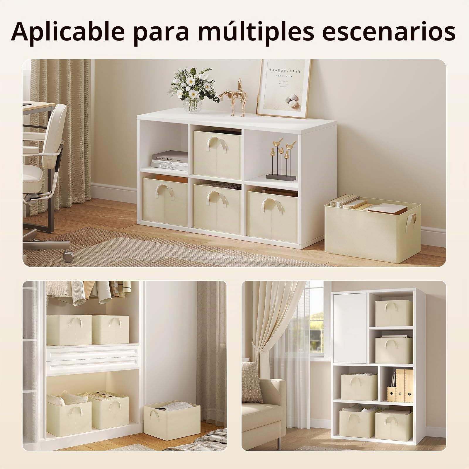 WOLTU Juego de 5 Cajas Plegables,Cajas Almacenamiento Plegables, Cajas Organizadoras de Tela con Asas, Cajas Almacenaje para Ropa y Juguetes en Armarios, Crema, 47x35x30 cm