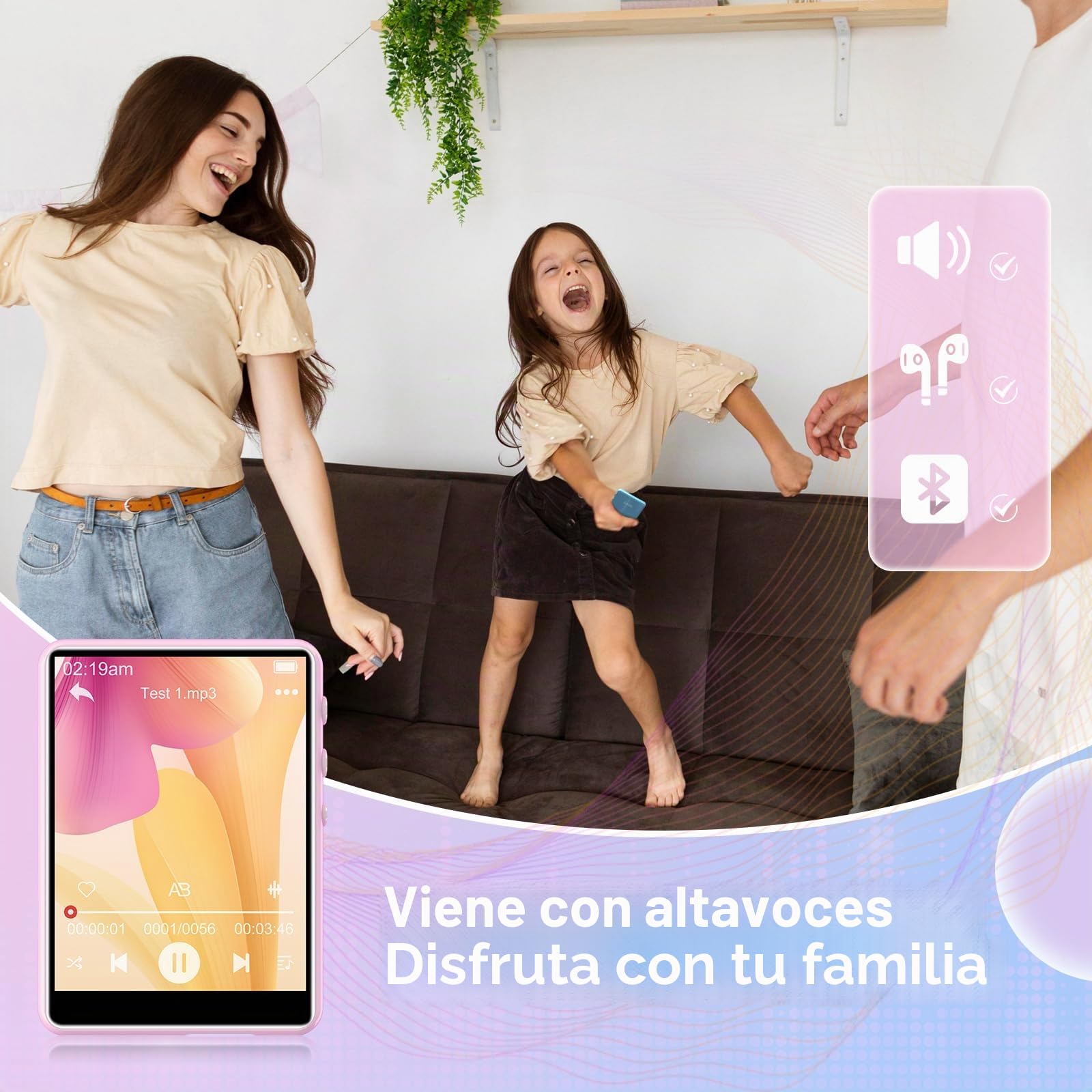64 GB Reproductor MP3 Bluetooth 5.3, 2,4" Ecrã Tátil MP3 Reproductor Portátil com Altifalante Interior, Gravador De Voz, rádio FM, Suporte até 128GB (Rosa)