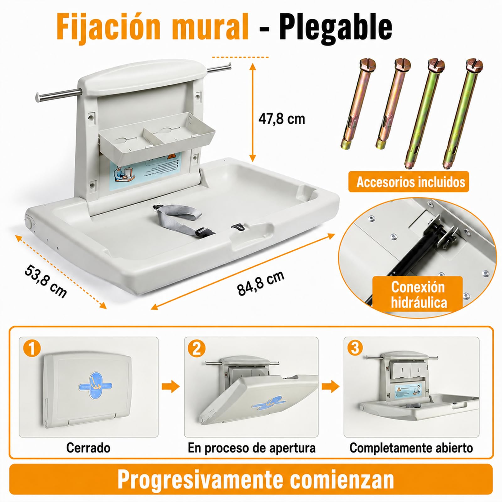 Cambiador bebe plegable de pared, cambiador de bebe para baños públicos con cinturón de seguridad ajustable, ganchos laterales y cajas de almacenamiento plegables