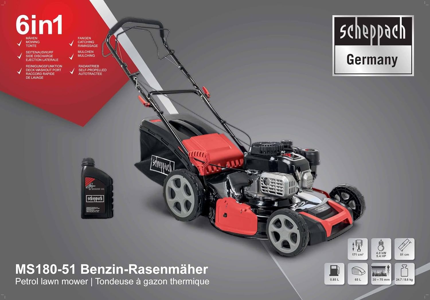 สินค้าหมดview image showing the lawnmower with key features and specifications in multiple languages.