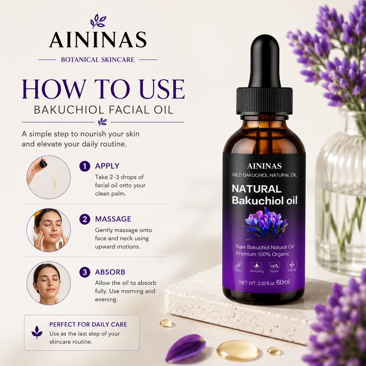 Organic Bakuchiol Oil for Face, Gentle Retinol Alternative Facial Oil with Squalane, Jojoba Oil & Vitamin E, Lightweight Non Greasy Daily Skin Care for Dry Sensitive & Mature Skin, 2.02 fl oz