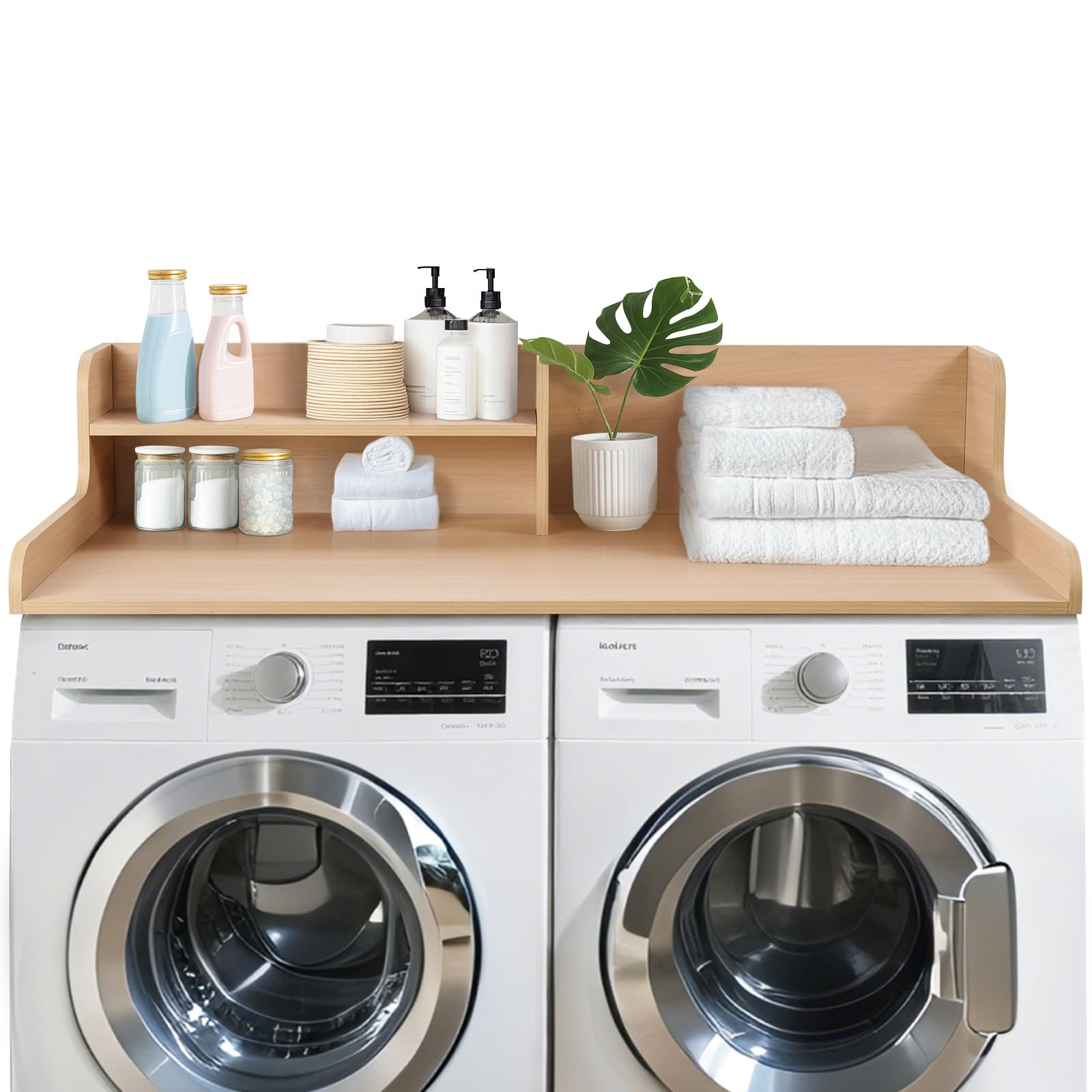 Photo 1 of ***SIMILAR ITEM***
Kaboon Washer Dryer Countertop 2 Tier 58 inches Wide, Laundry Shelf Topper with Edge, 58" W x 28" D x 12" H Laundry Space Organizer, Light Walnut