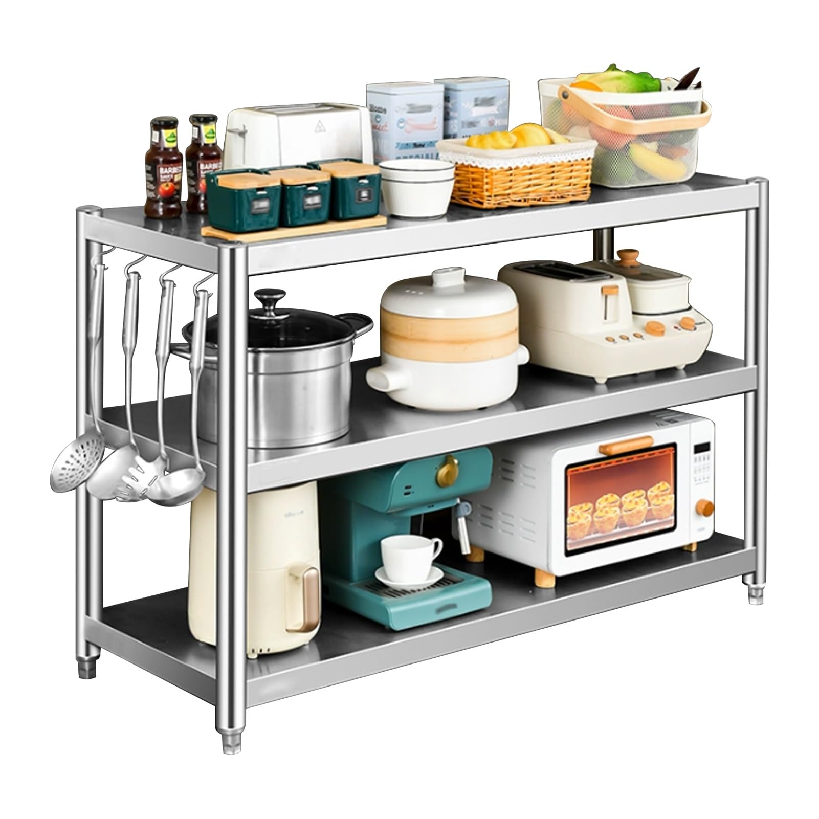 Scaffale per forno a microonde a 3 ripiani in acciaio inox, resistente, per pentole e padelle, per la famiglia (90 x 45 x 80 cm)