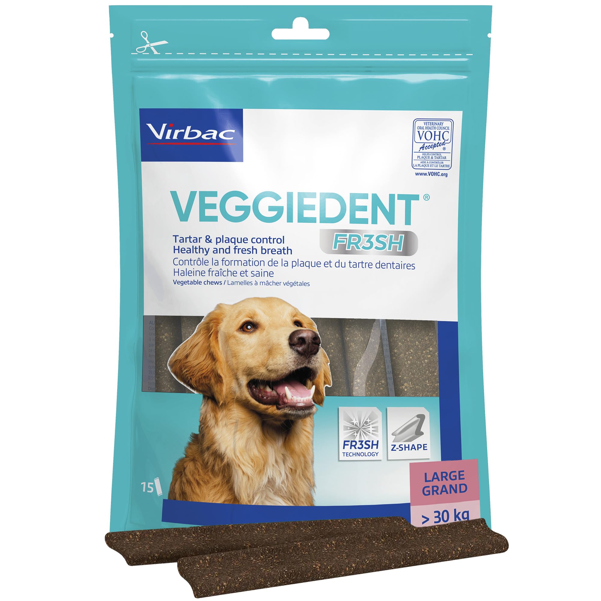 Virbac Veggiedent FR3SH Dental Chews for Large Dogs >30kg - Helps Clean Teeth & Freshen Breath. X15 Chews