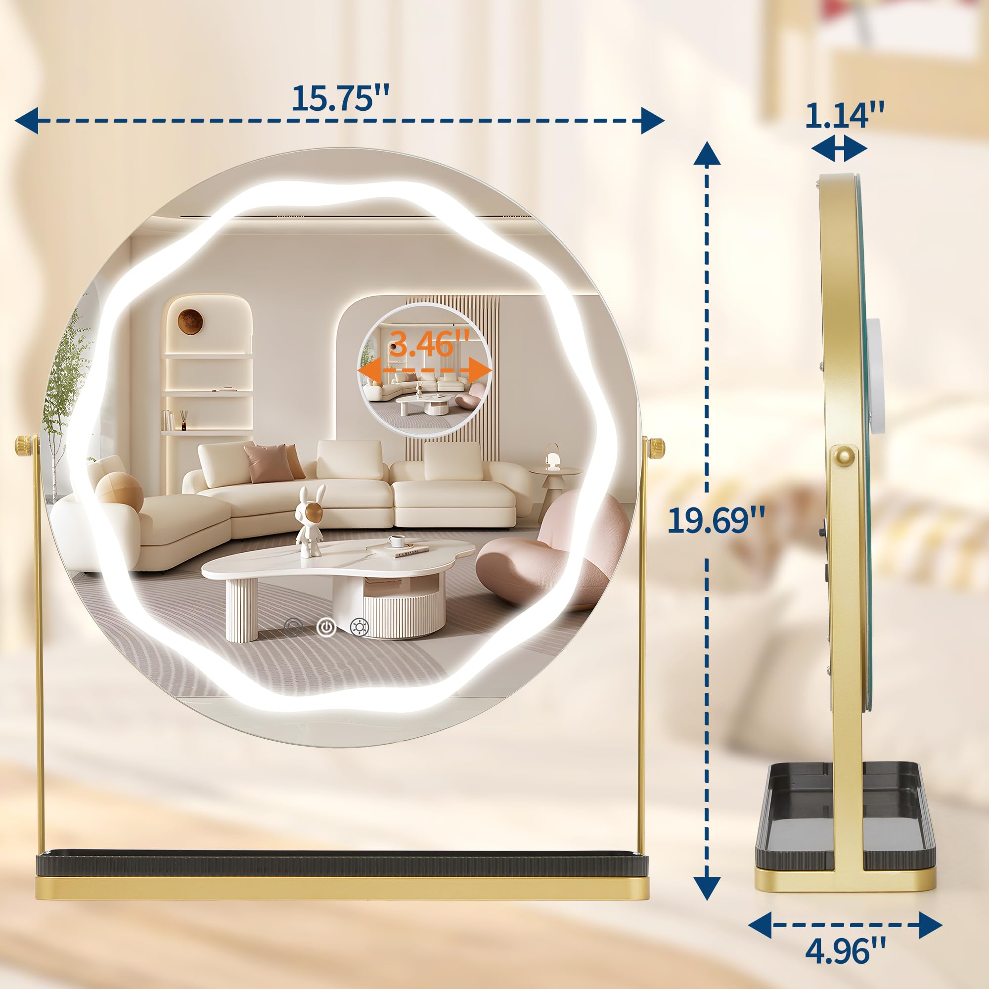 GAOMON Vanity Mirror with Lights, LED Desktop Bulb Mirror with 10X Magnification, Dual Touch Button Switch and Even LED Light Ring, Sturdy Iron Frame and MDF Backboard.