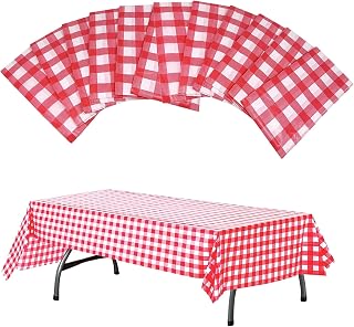 UgyDuky Checkered Disposable Tablecloths 54x108in(10 Pack), Premium Plastic Picnic Tablecovers for Picnics or Parties with Red and White Buffalo Plaid Checkered Gingham Style