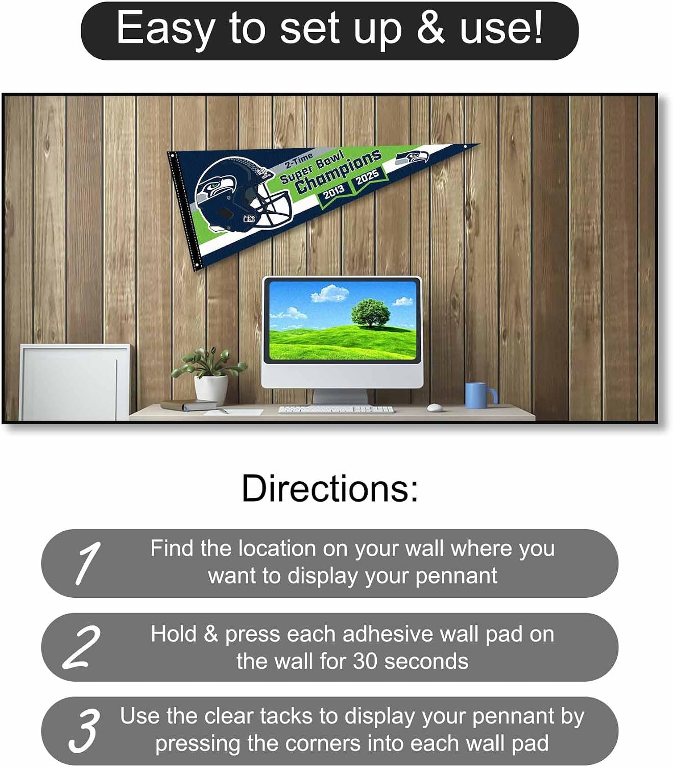 Seattle Seahawks Super Bowl LX and 2 Time Champions Pennant Banner and Wall Tack Pads
