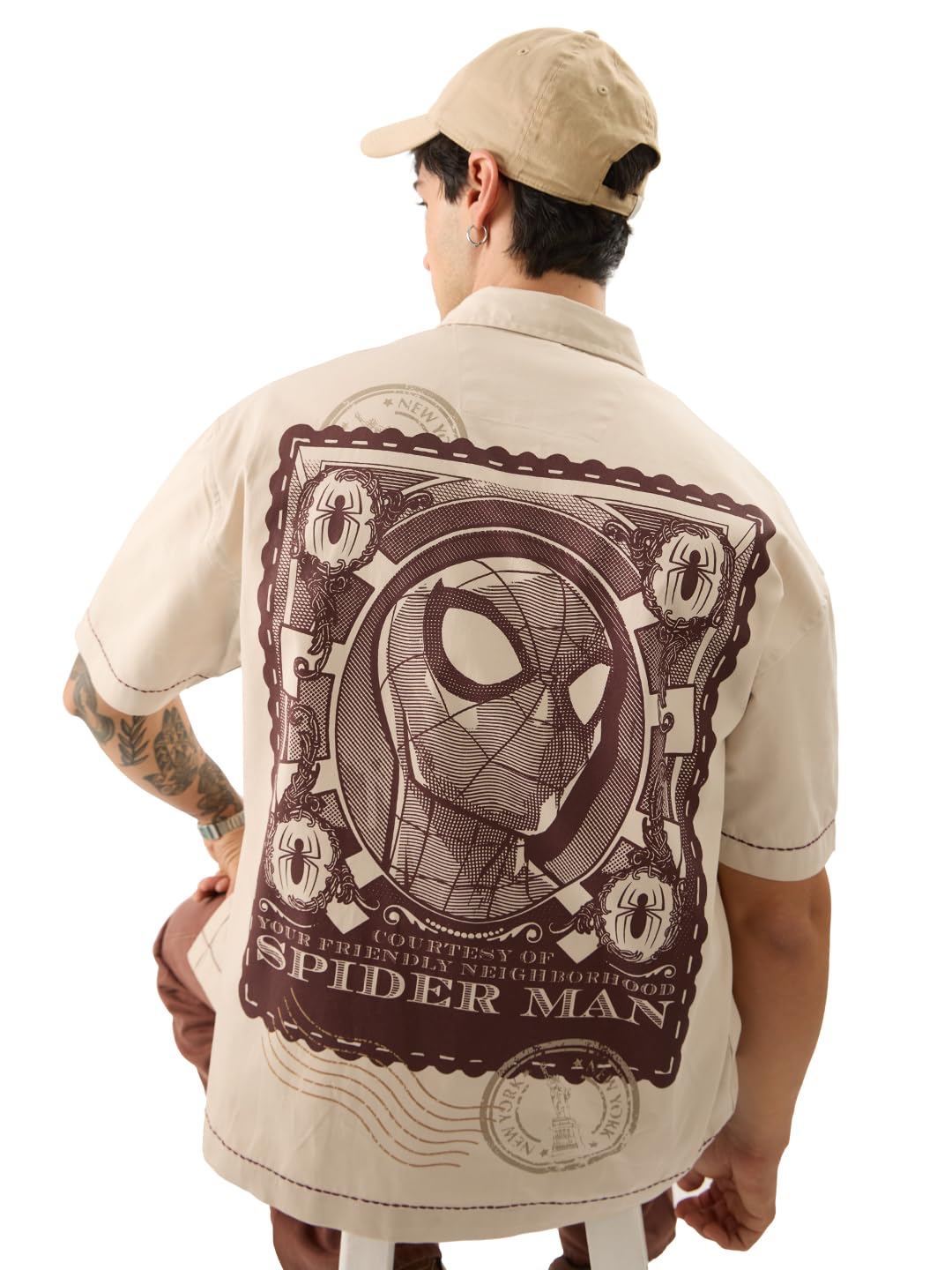 The Souled StoreOfficial Spider-Man: Friendly Neighbourhood Hero Men and Boys Short Sleeve Collared Neck Button Front Beige Graphic Printed Cotton Oversized Shirts