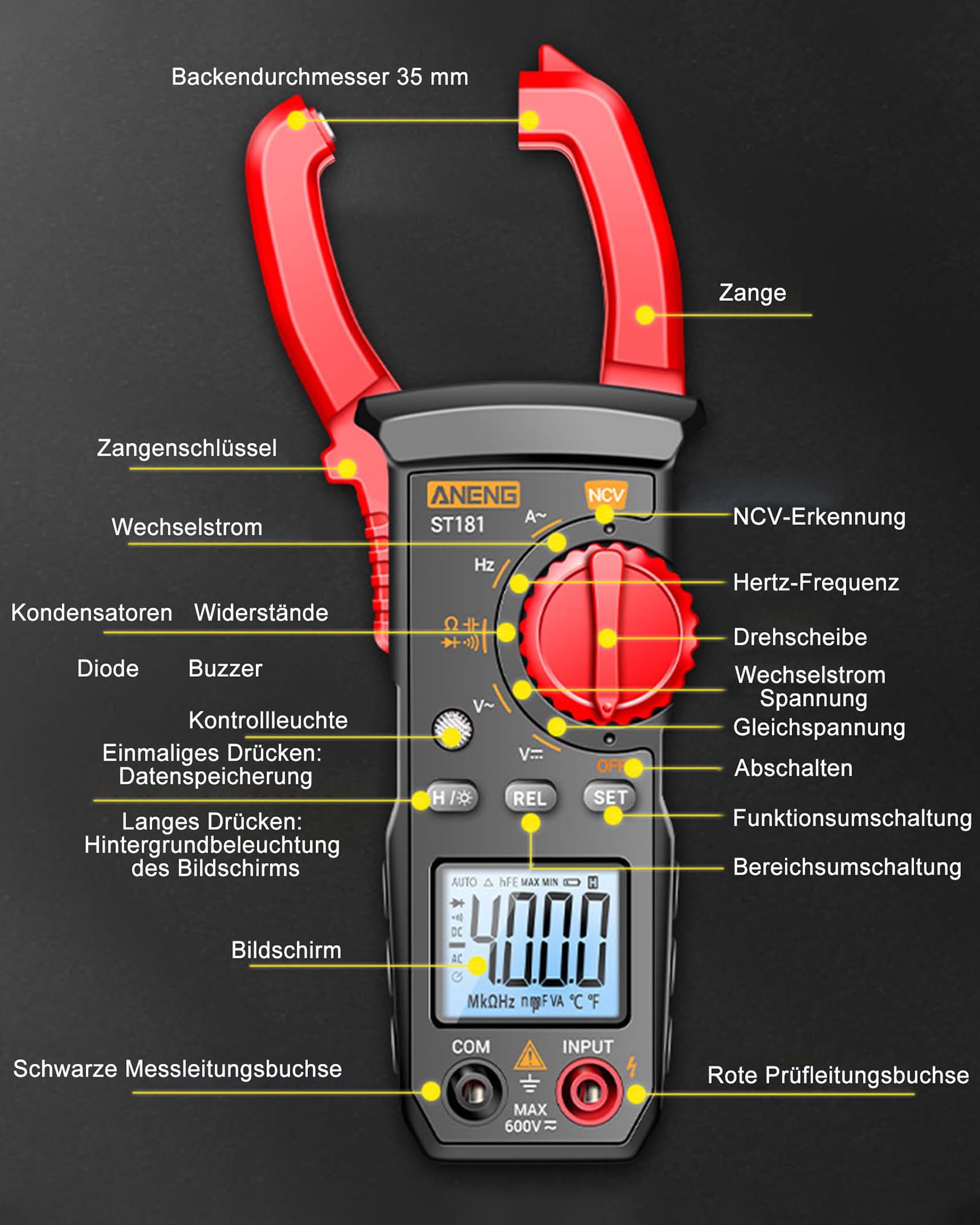 Digitales Stromzange AC DC Multimeter: True-RMS 4000 Counts Strommesszange Amperemeter mit Automatischer Bereichswahl zum Messen von AC/DC-Spannung Strom Widerstand Kapazität Durchgang NCV-Erkennung