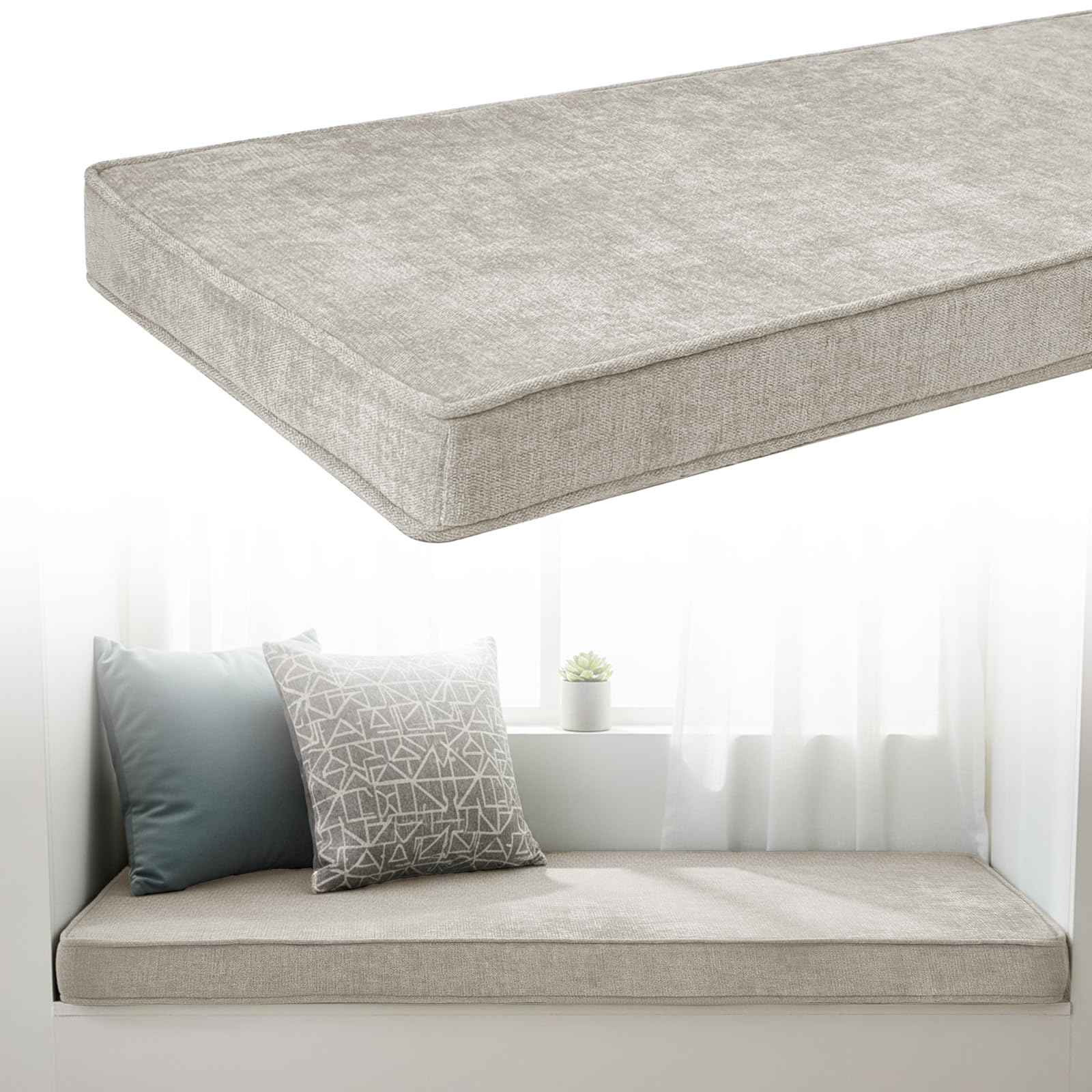 Chenille Bench Cushion 5cm Thick, Anti-Slip Bay Window Seat Pad 200x45x5cm