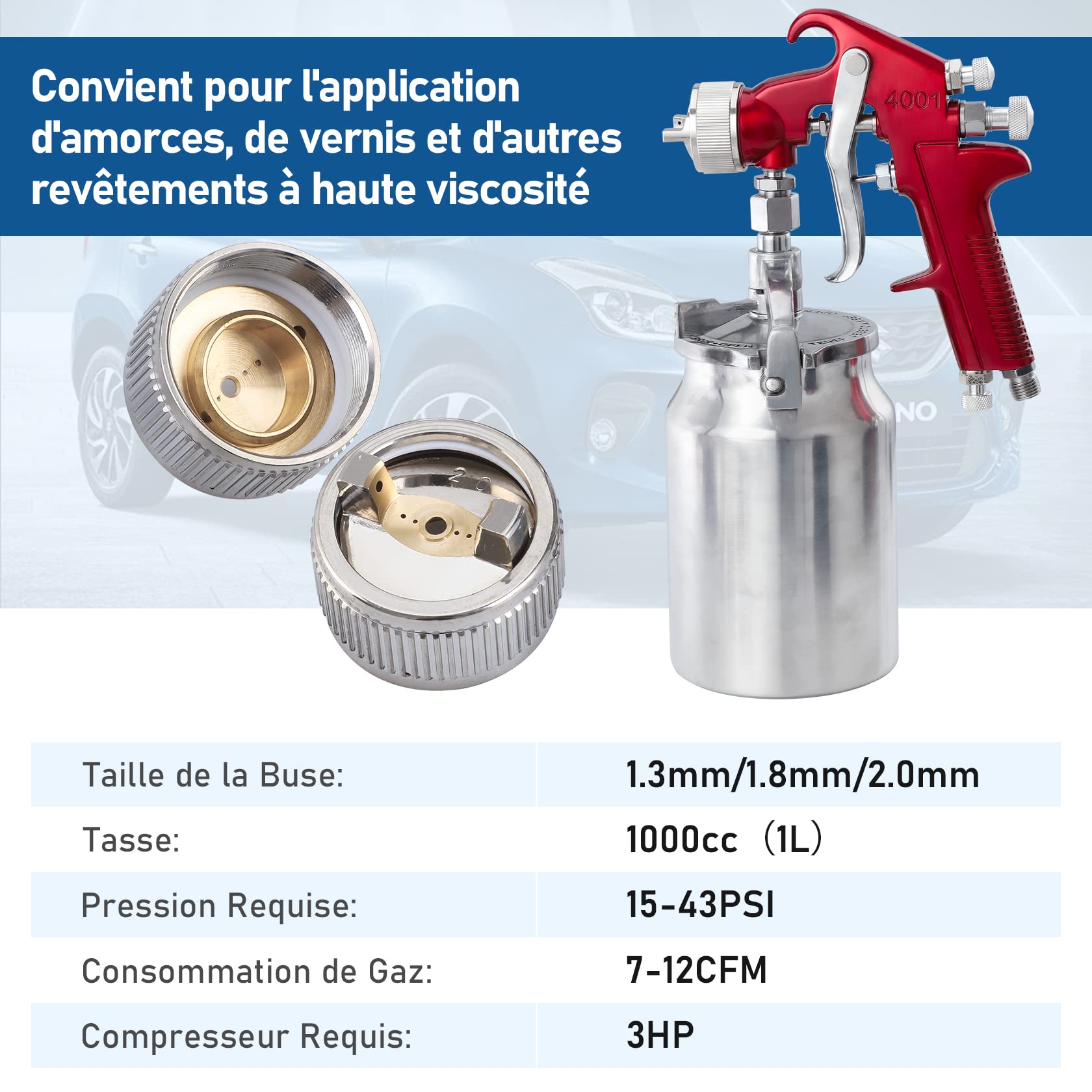 CarBole Siphon Pistolet à Peinture avec Buse de 1,3/1,8/2mm et Tasses de Peinture de 1000 cc,Pulvérisateurs pour Camions, Meubles, Clôtures et Voiture | Pulvérisateurs pour Camions, Meubles, Clôtures et Voiture
